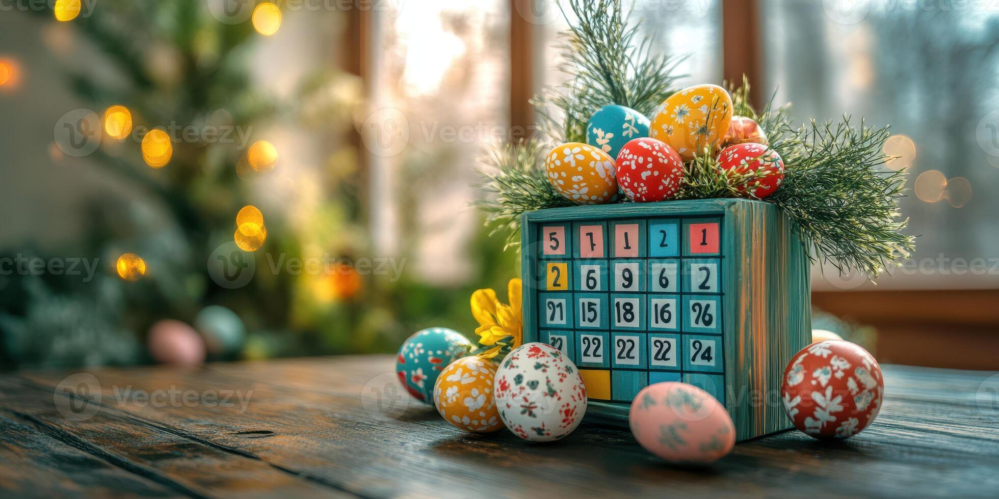 Colorful Easter decorations with an advent calendar and painted eggs displayed on a wooden table photo