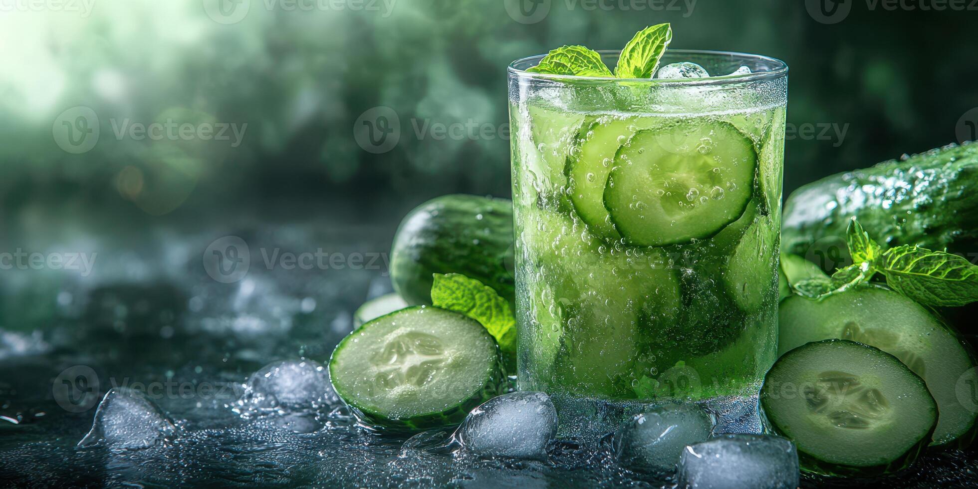 Refreshing cucumber mint drink served on ice with slices and mint leaves in a cozy setting photo