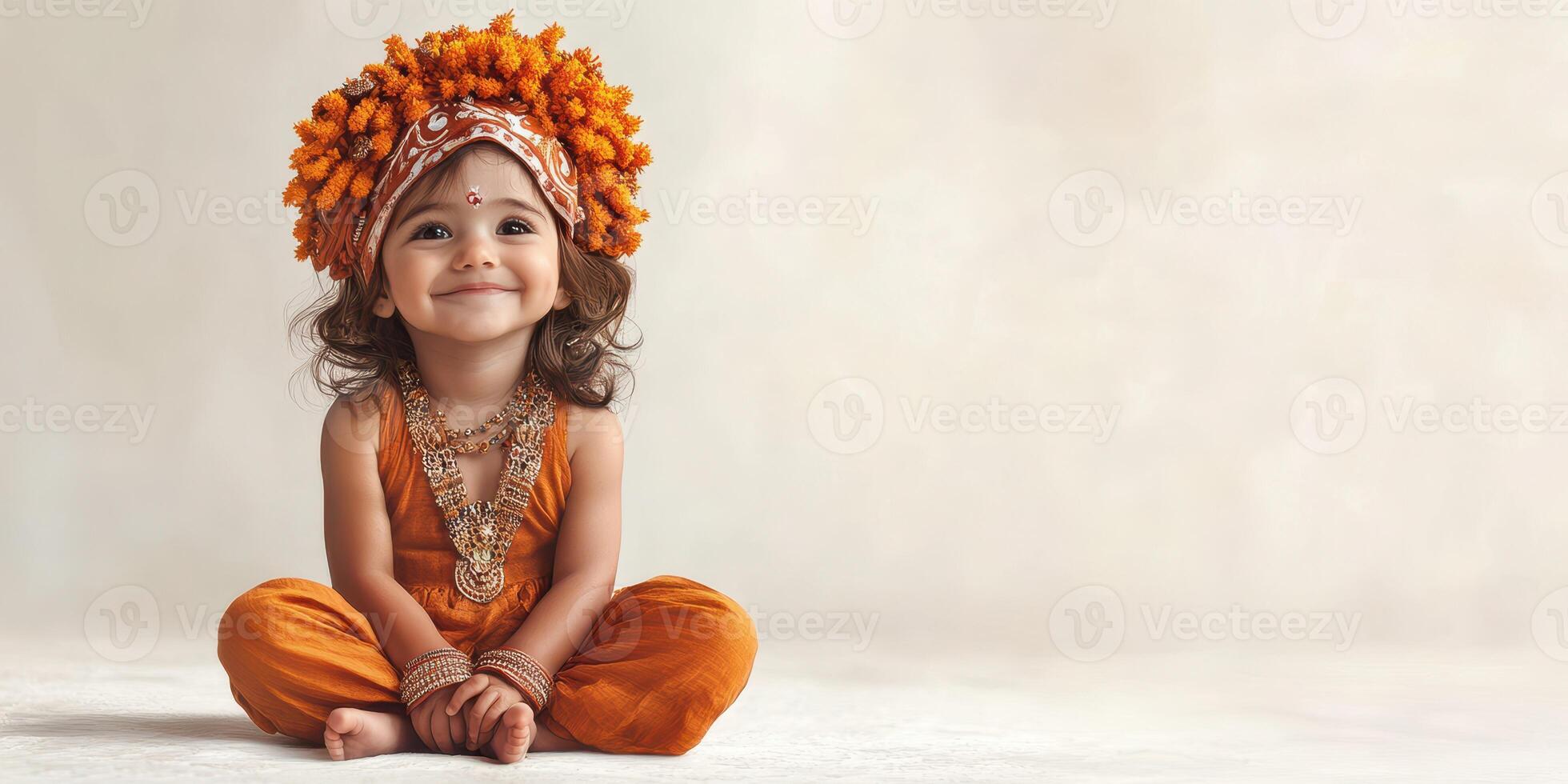 Little girl in traditional attire with floral crown smiles warmly in a serene indoor setting during a festive celebration photo