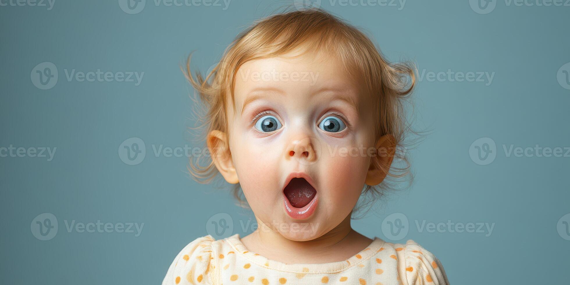 Surprised baby with wide eyes expressing wonder against a soft blue background photo