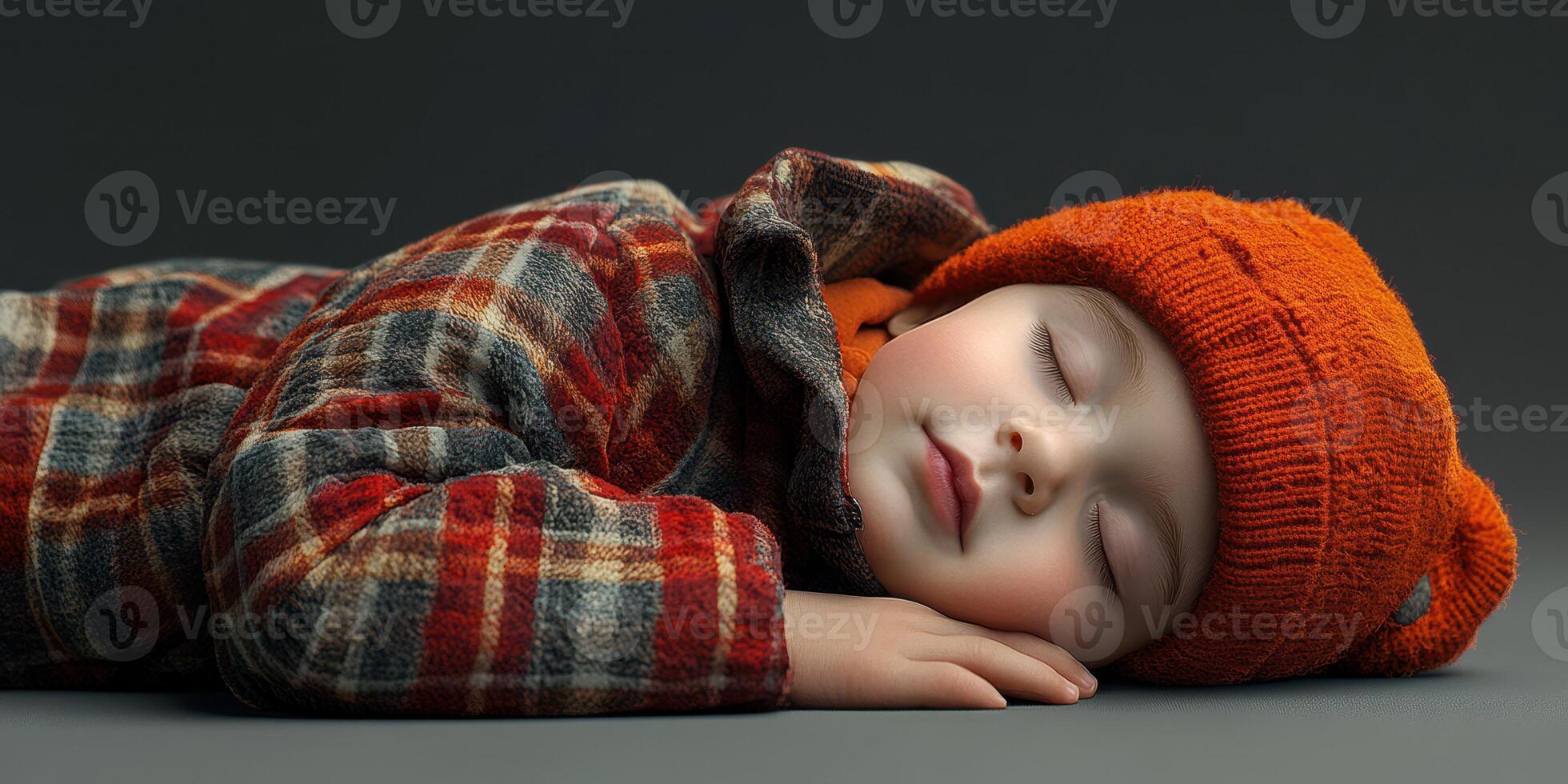 Young child sleeps peacefully in cozy winter attire on a soft surface during a quiet indoor moment photo