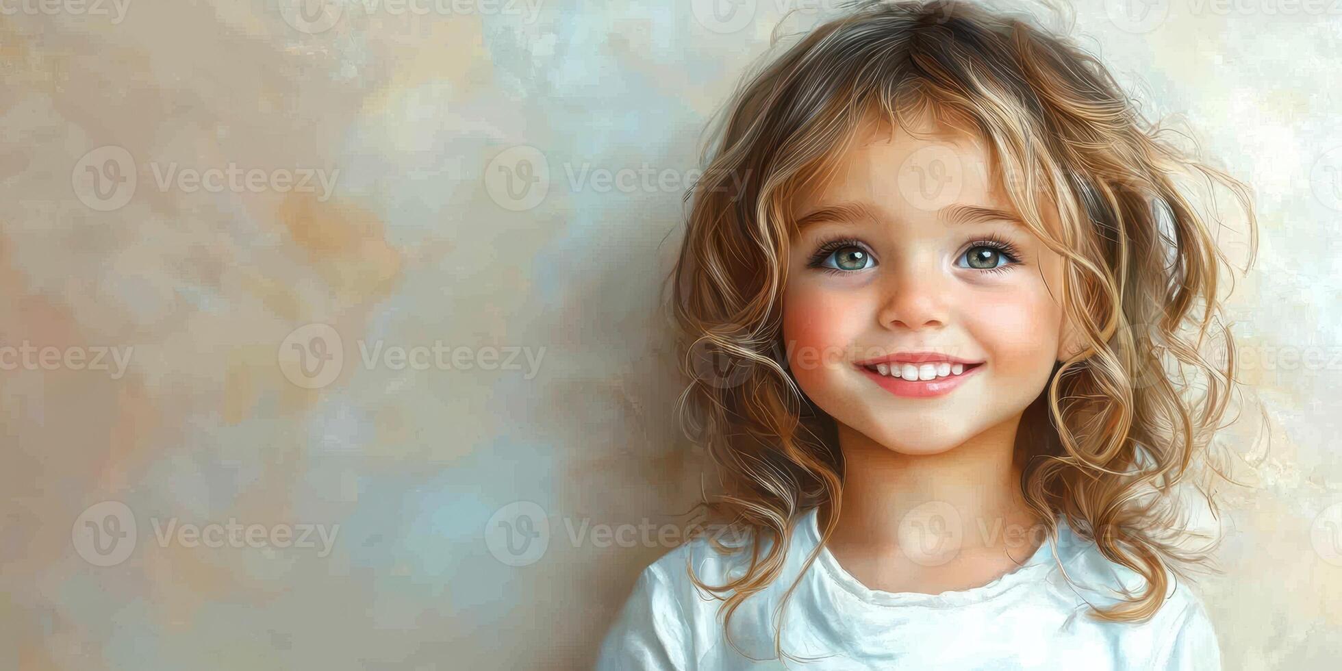 Smiling young girl with curly hair in a light-colored setting capturing joy and innocence photo