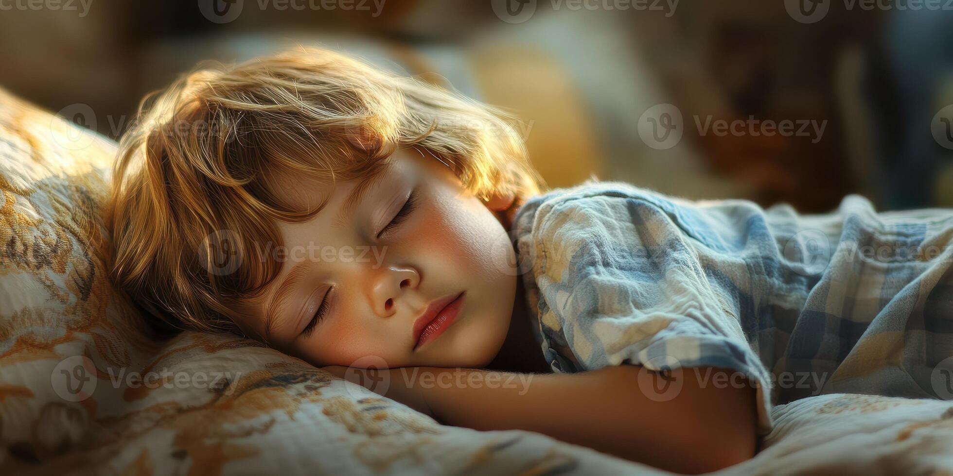 Child sleeping peacefully on a cozy bed in warm afternoon light at home photo