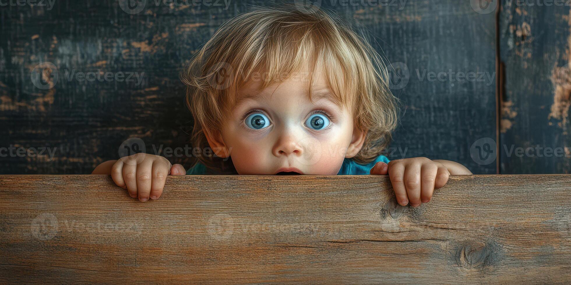 Child with wide eyes expressing surprise while peeking over a wooden surface in a cozy indoor setting photo