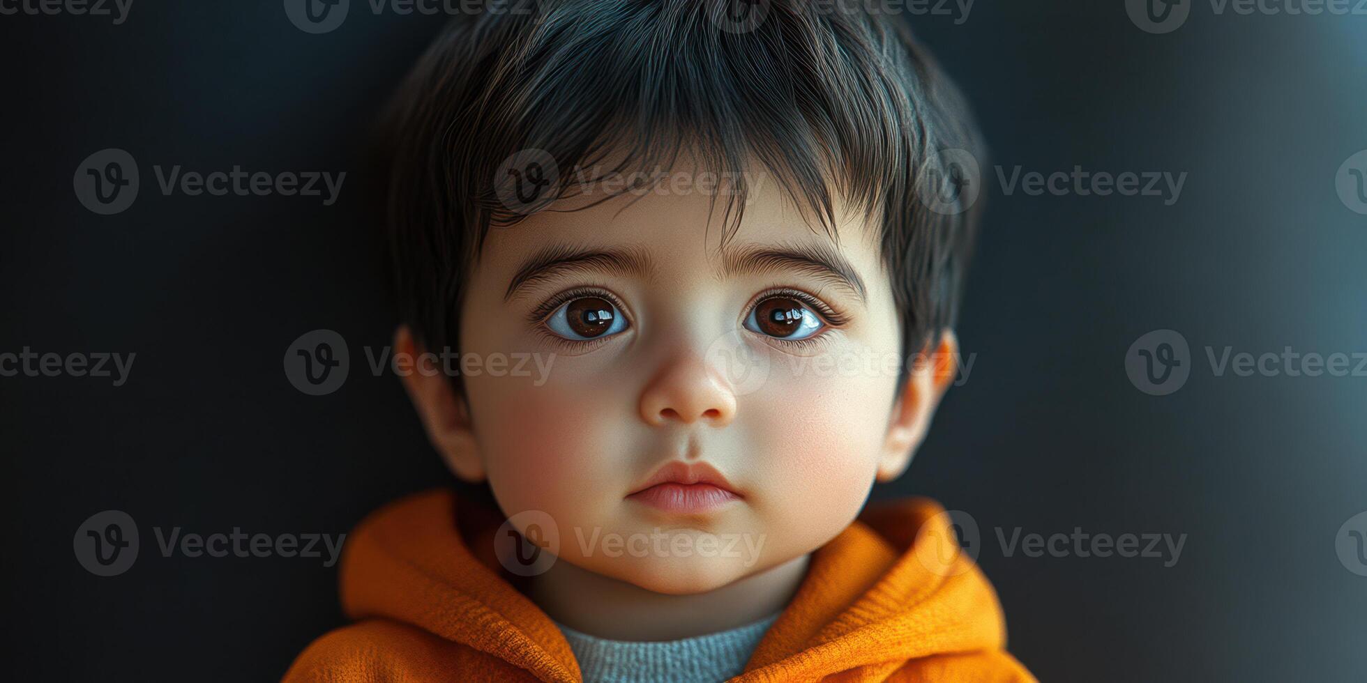 Child with expressive gaze wearing bright hoodie against dark background in a cozy indoor setting photo