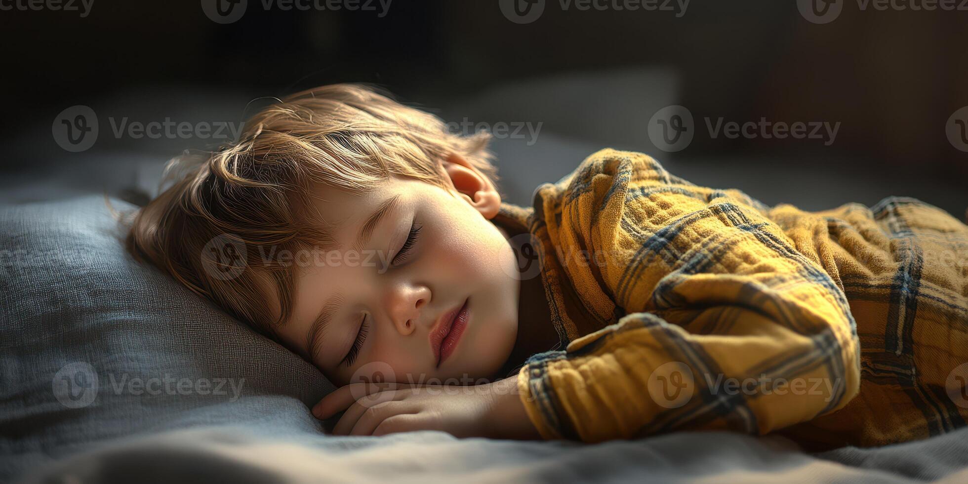 Child peacefully sleeping in a cozy bedroom on a soft bed in warm morning light photo