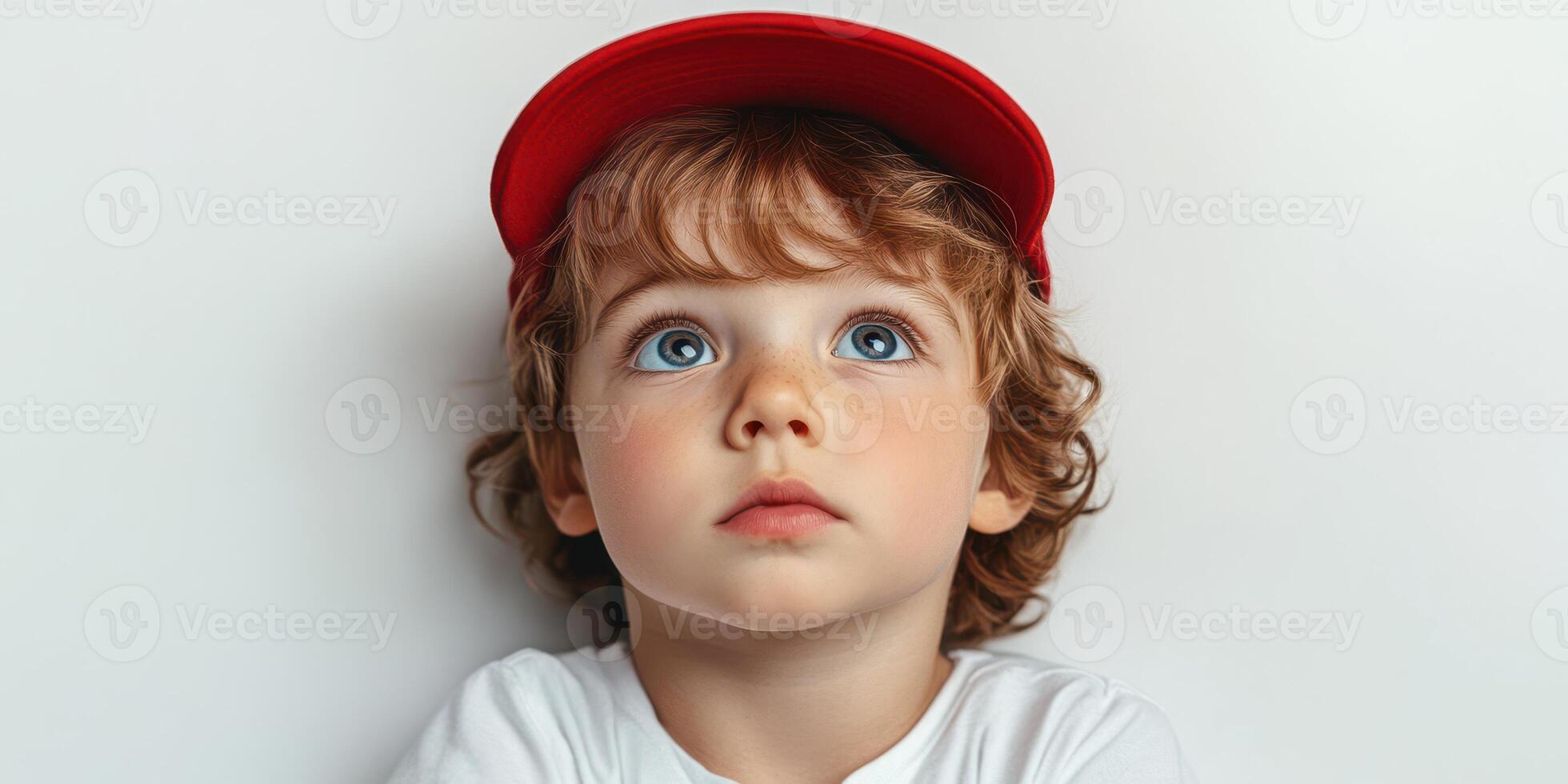 Curious child gazing upward in red cap with expressive eyes against a plain background photo