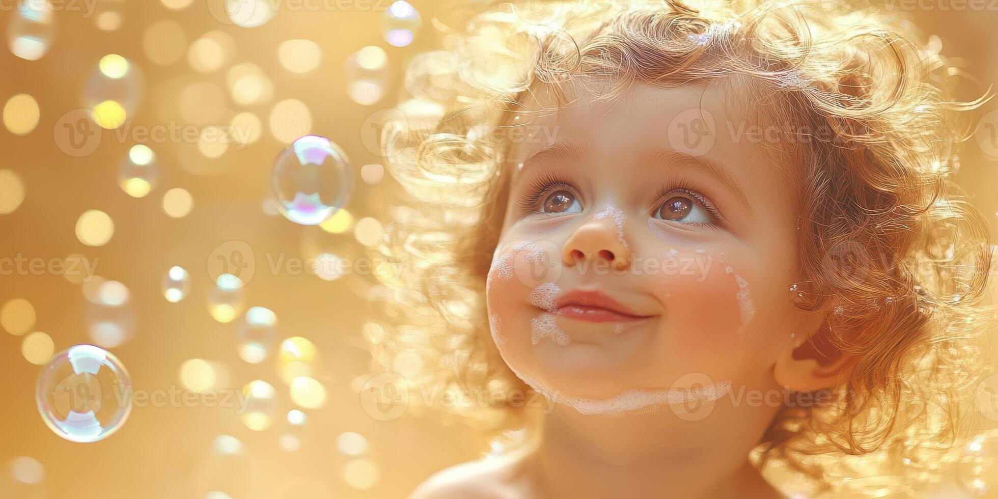 Child enjoying bubble playtime in sunlight with joyful expression and soapy face photo