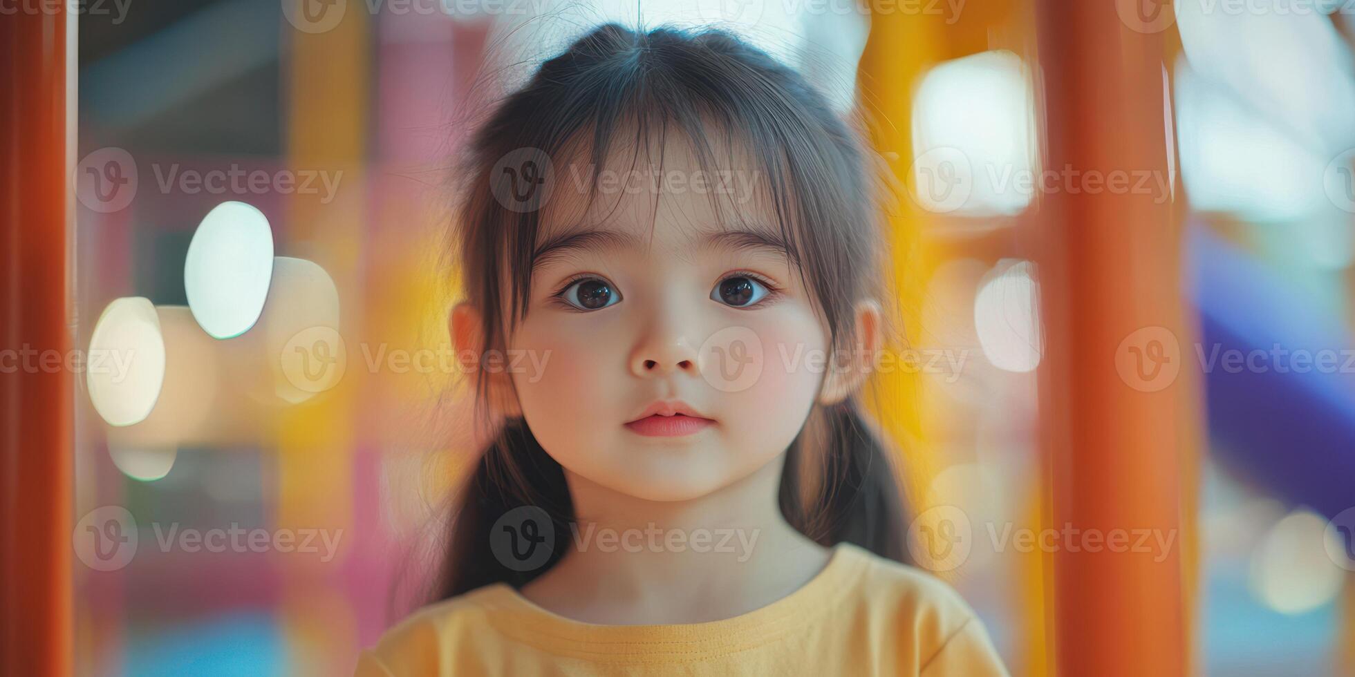Young child playing at a colorful playground during a sunny afternoon in a lively outdoor setting photo