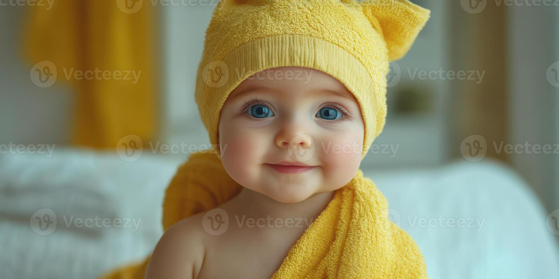 Cute baby in yellow towel and hat smiling on a bed, capturing warmth and joy in a cozy room setting photo