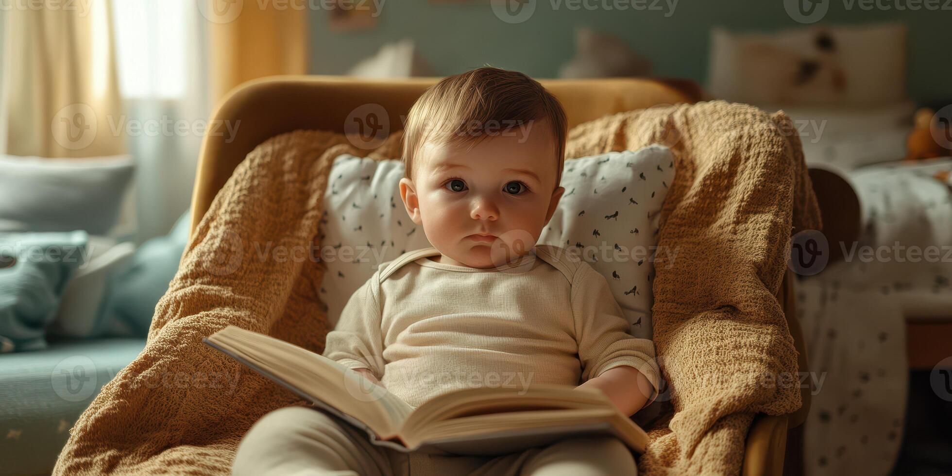 Toddler reading a book in a cozy nursery during the daytime photo