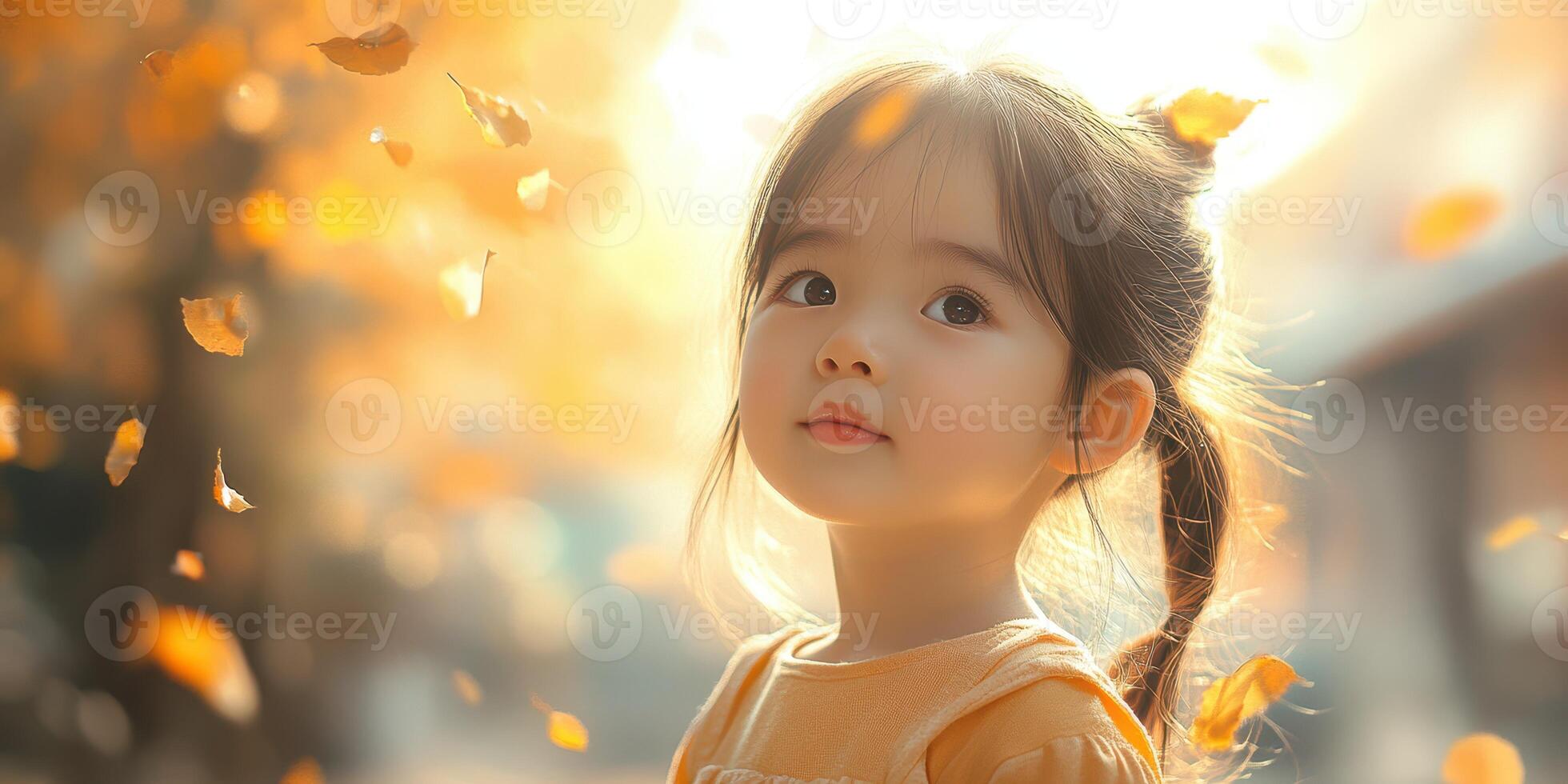 Young girl enjoying autumn leaves in a park during sunset with golden light illuminating her face photo