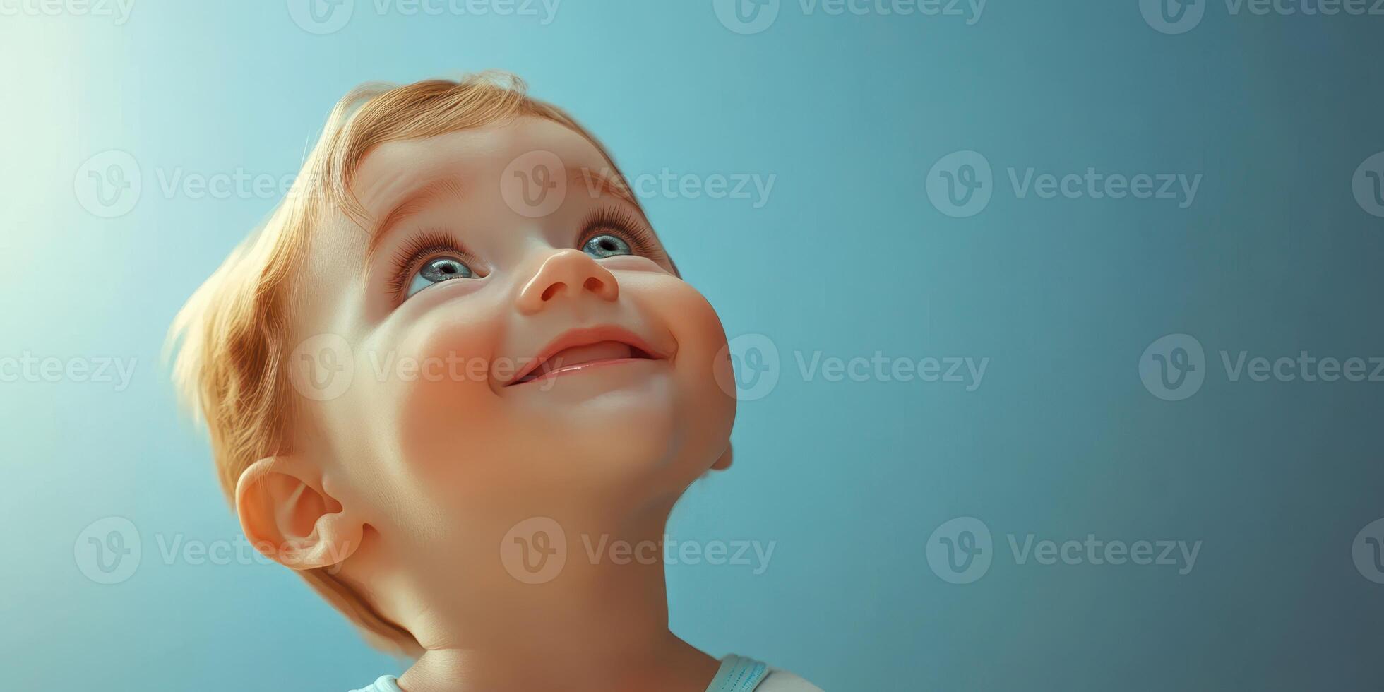 Child gazes up with joy against a bright sky, capturing a moment of wonder and happiness photo