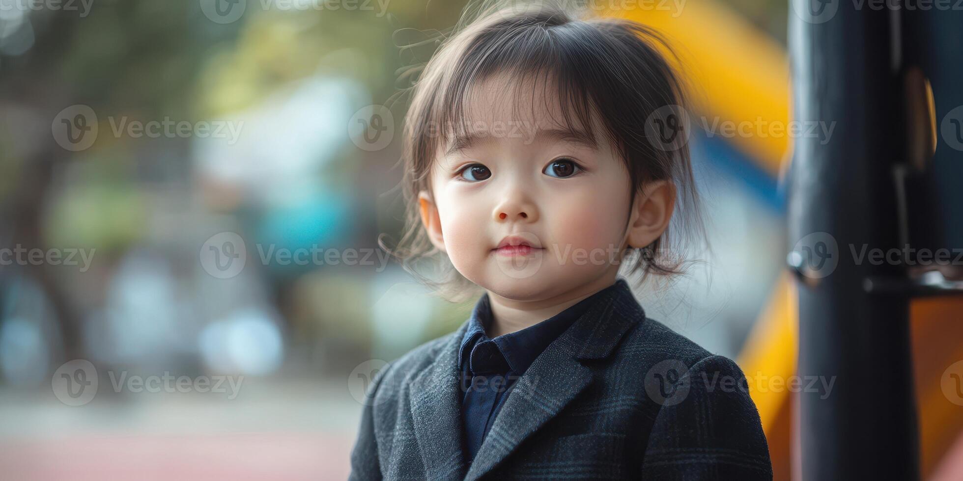 Cute young child dressed in formal attire at a playground during a sunny day, enjoying the outdoors and posing for photos
