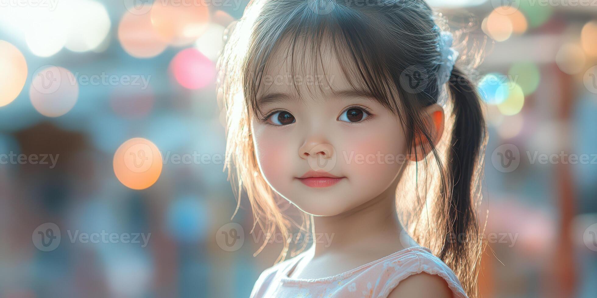 Young girl with ponytail smiles gently in a vibrant outdoor setting during golden hour light in an urban area photo