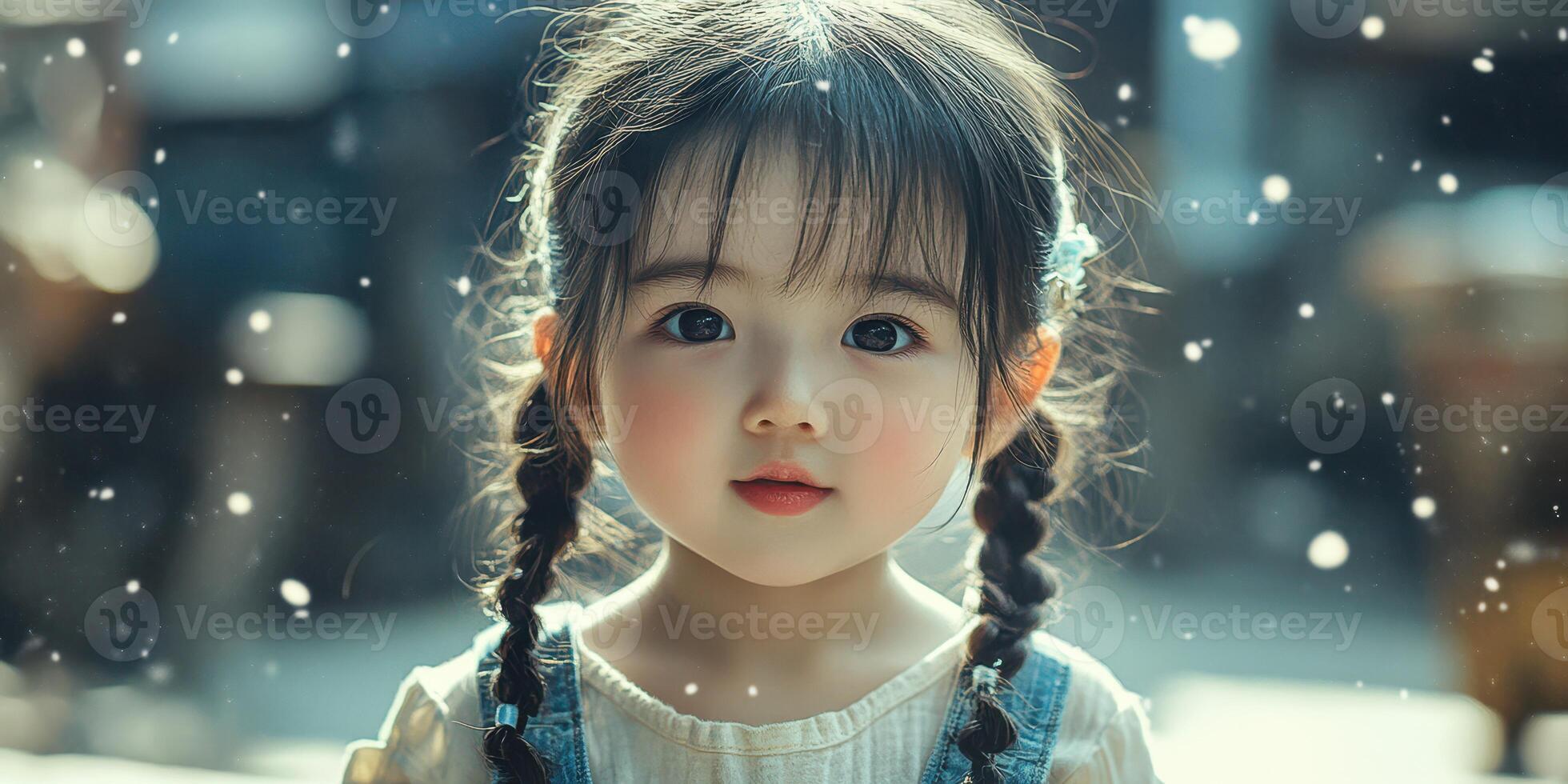 Young girl with braided hair enjoying a snowfall in an outdoor setting during winter photo
