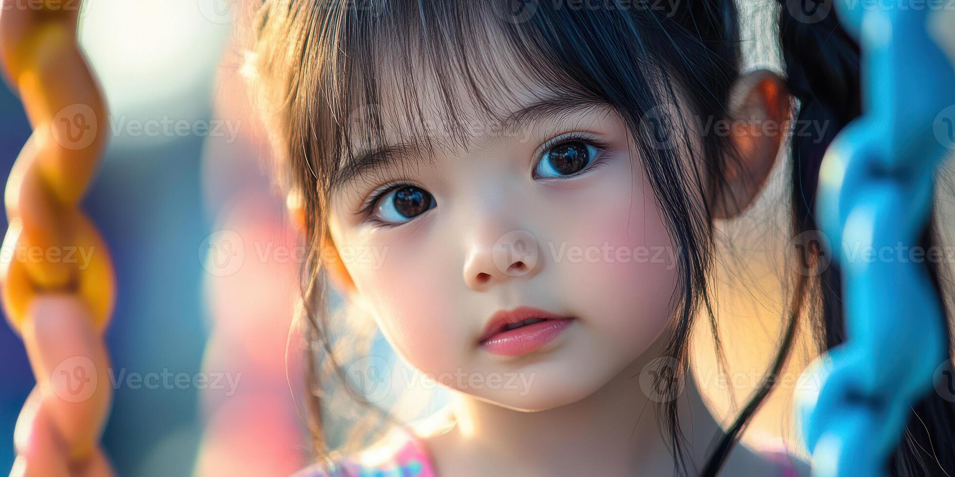 Cute child on a swing enjoying a sunny day at the park with colorful playground equipment photo