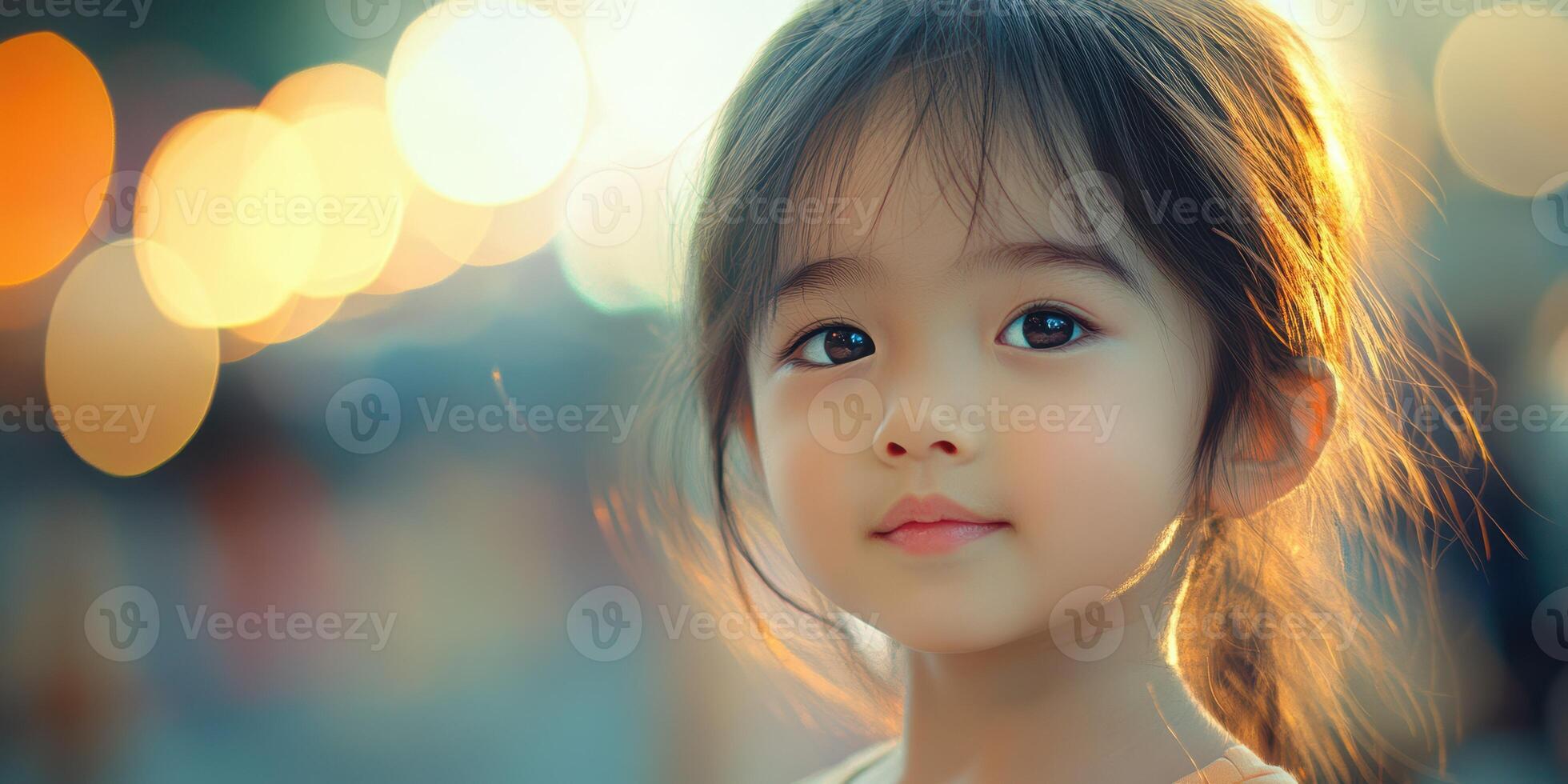 Little girl gazing softly with a warm evening glow in the background near a bustling street market photo
