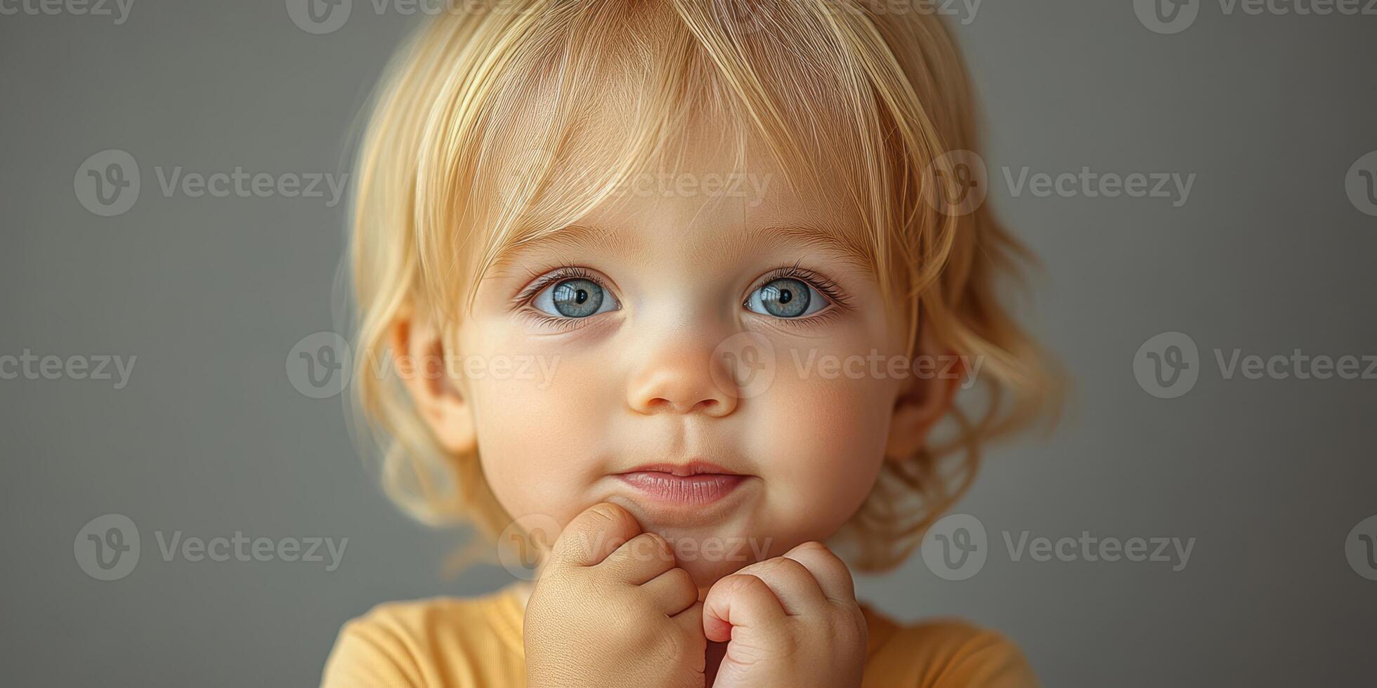 Curious toddler gazes with bright blue eyes while playing indoors in soft lighting photo