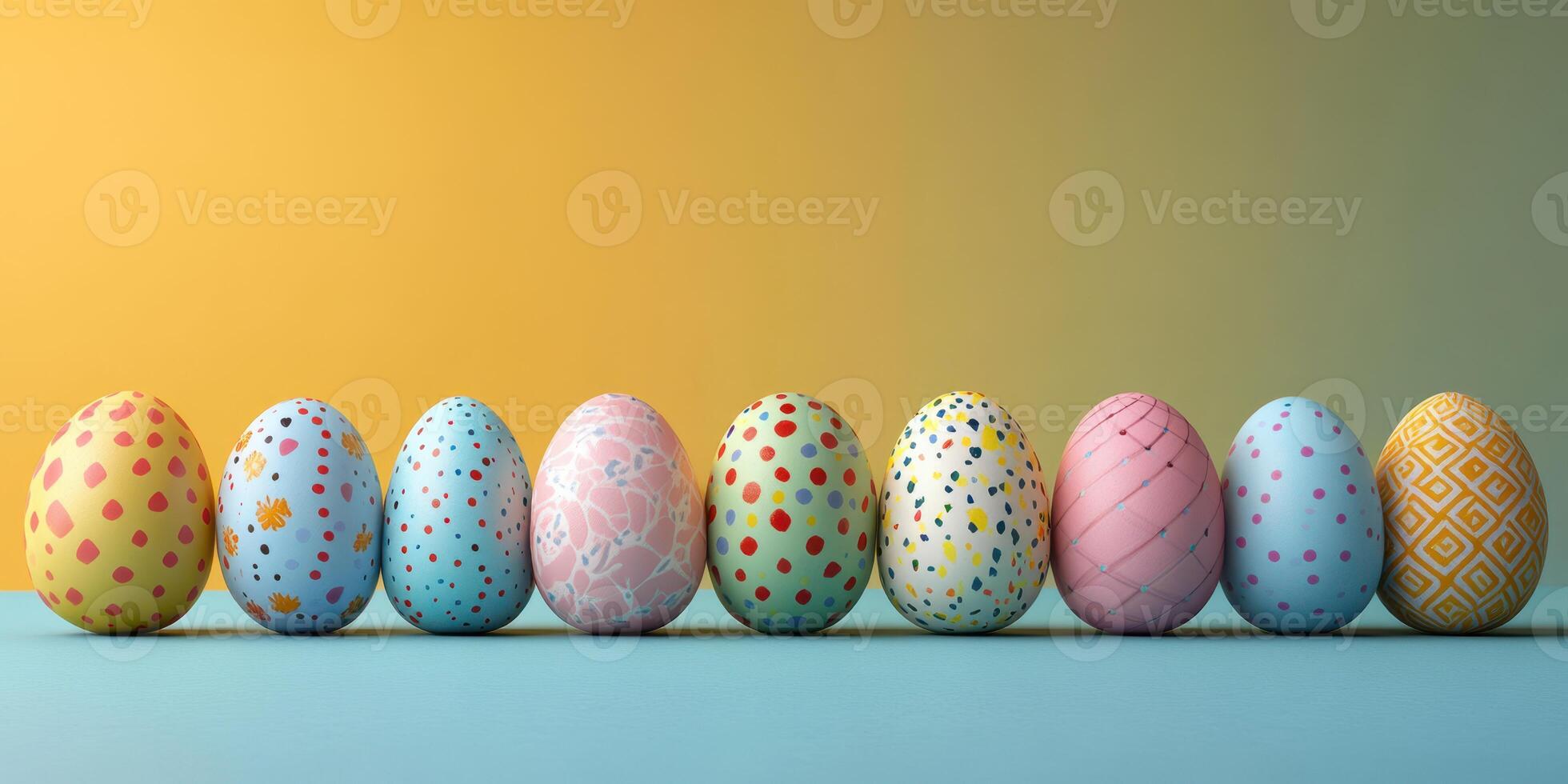 Colorfully decorated Easter eggs arranged in a line against a gradient background photo