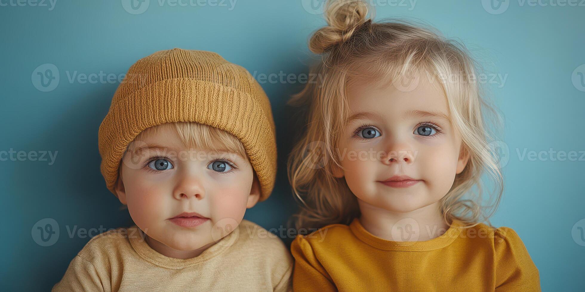 Two young children with bright blue eyes pose against a blue background wearing cozy yellow clothing and hats photo