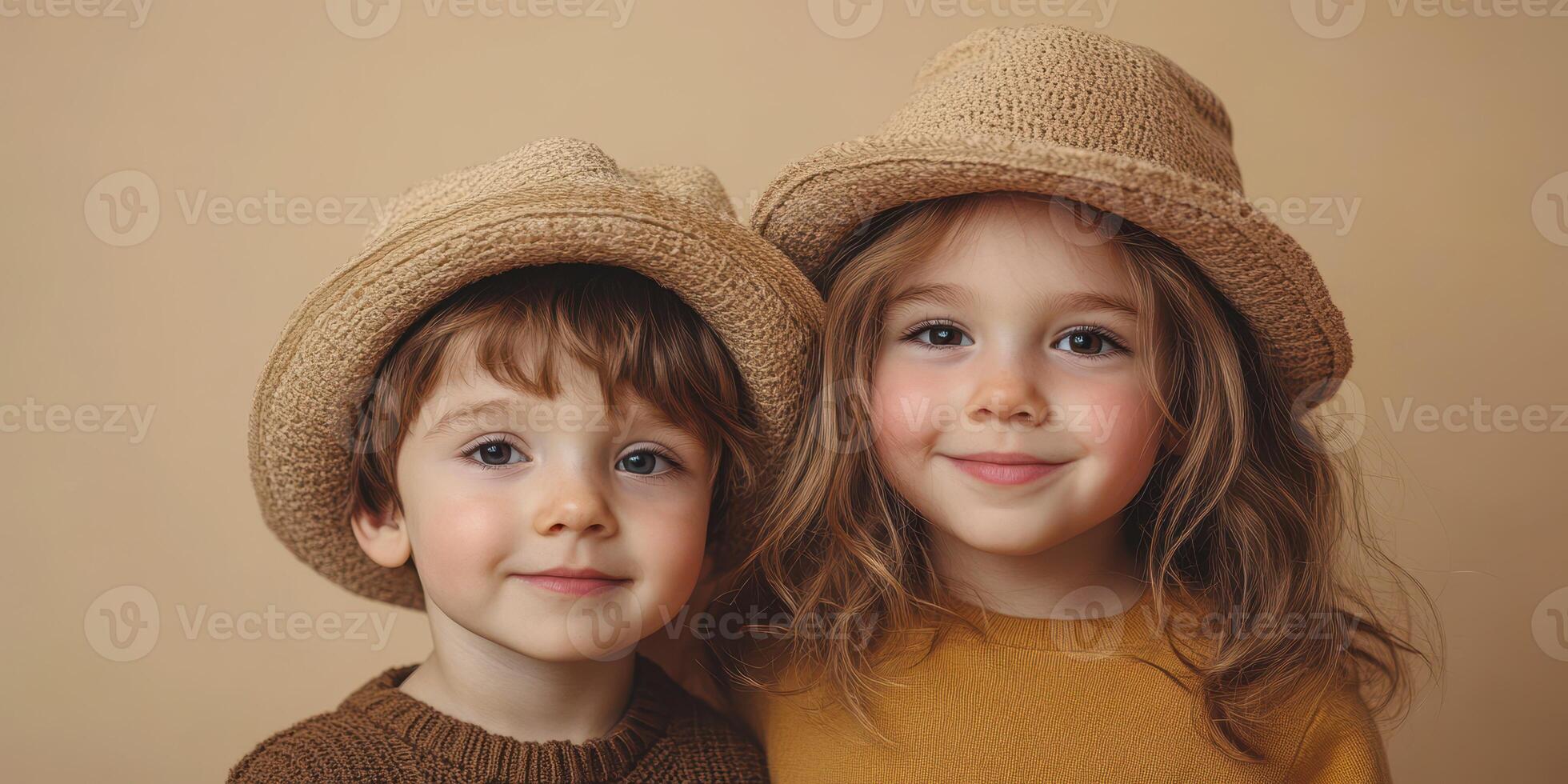 Children in cozy sweaters and hats pose together with cheerful expressions against a warm background photo