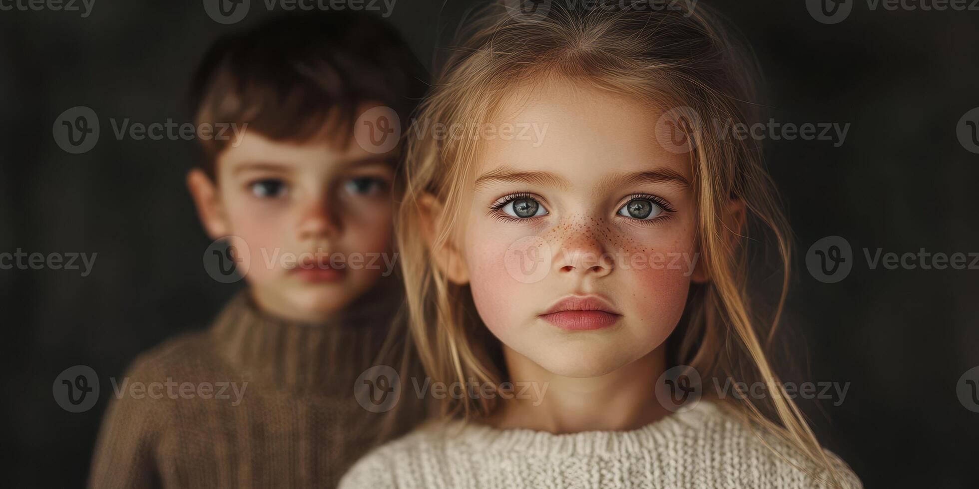 Two children with striking features in cozy sweaters standing close and looking at the camera photo