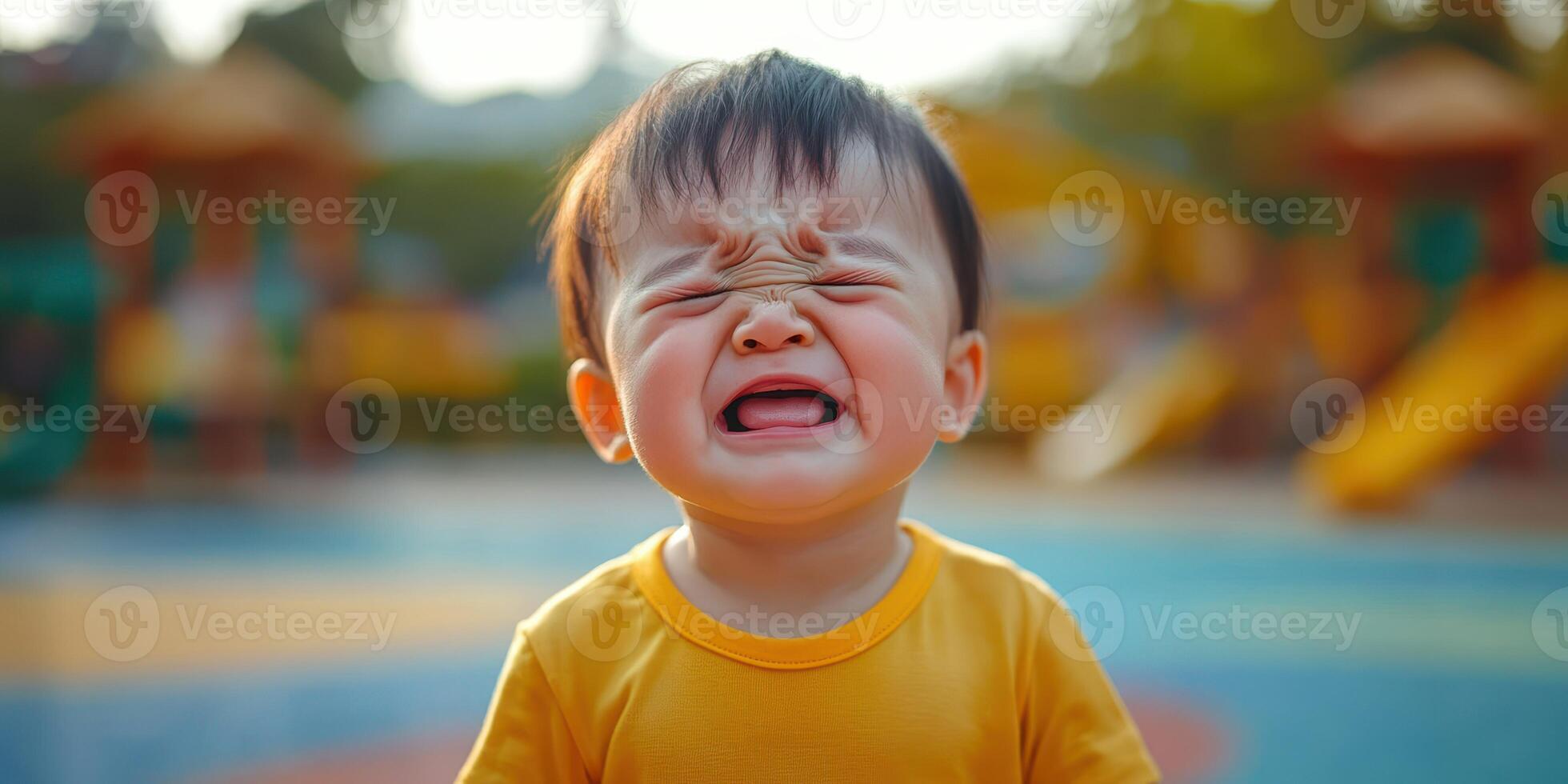 Child expresses emotions at playground during sunny afternoon, engaging with surroundings and peers while navigating playful challenges photo