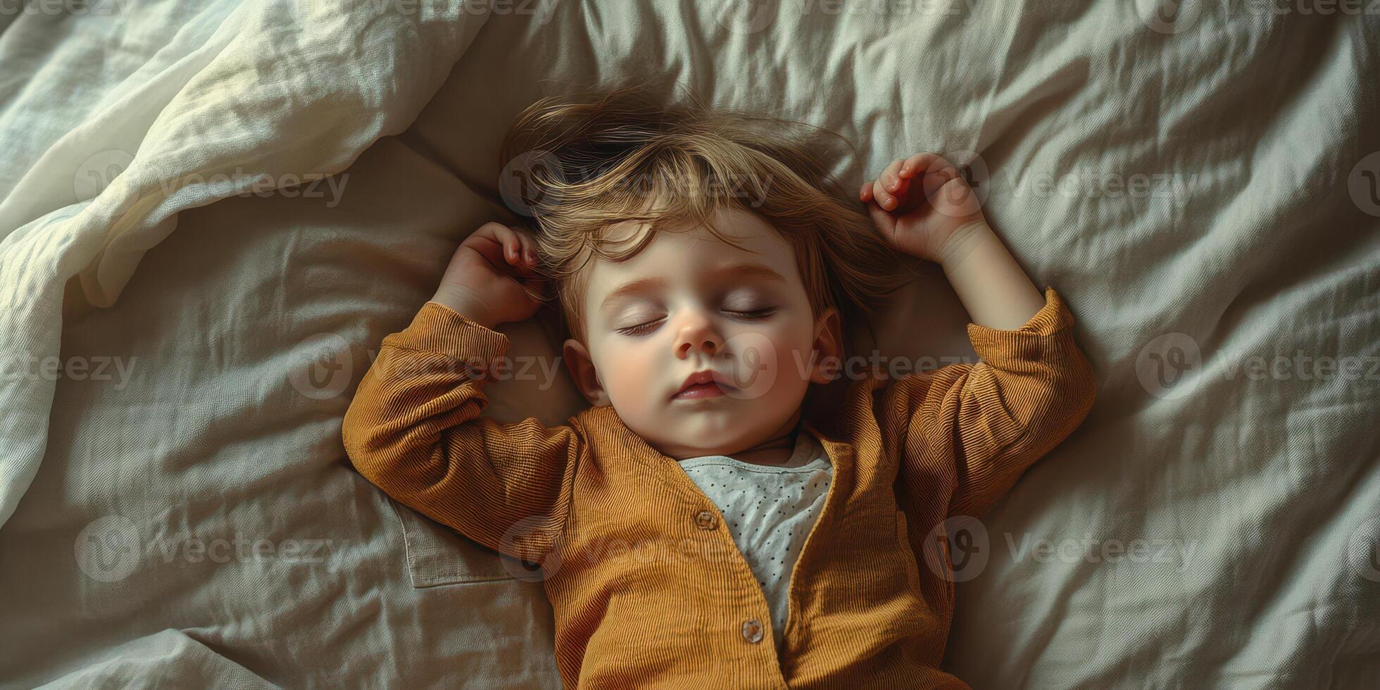 Toddler peacefully sleeping on a soft bed in a cozy room during daytime photo