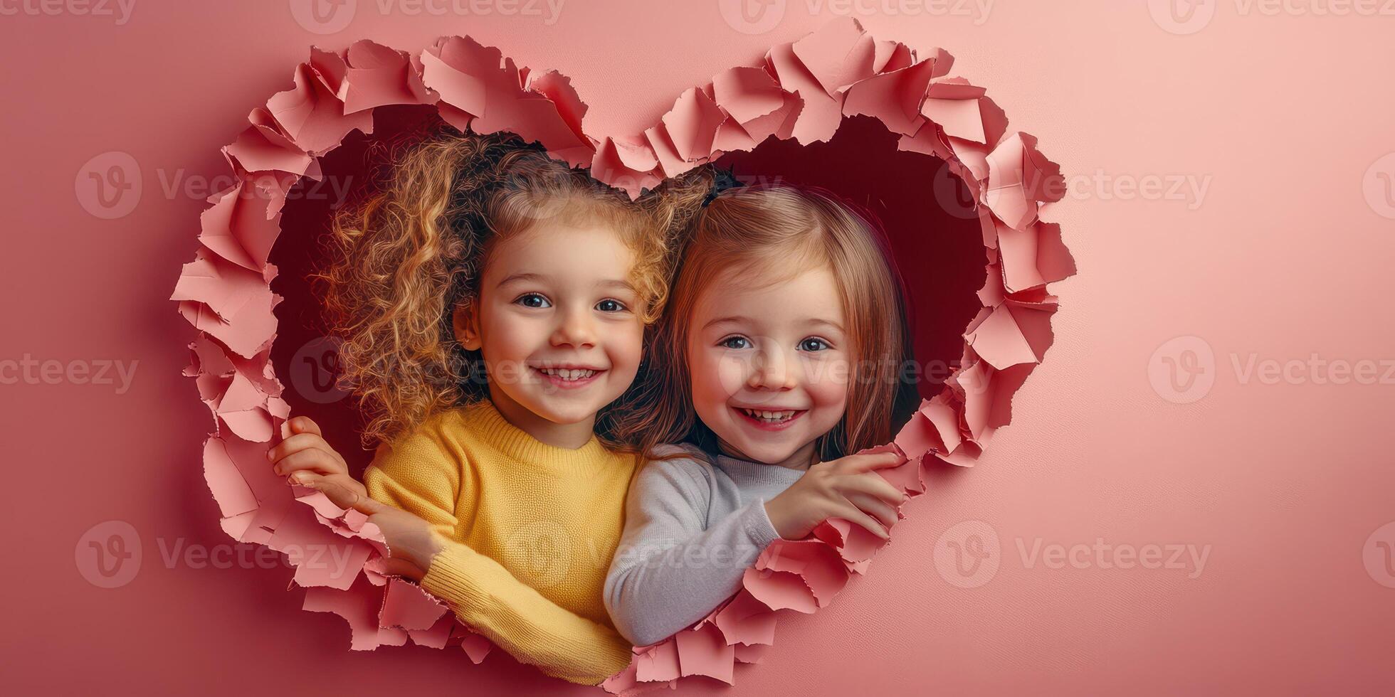 Two young girls smiling together in a heart-shaped window of pink paper, creating a joyful and playful atmosphere photo