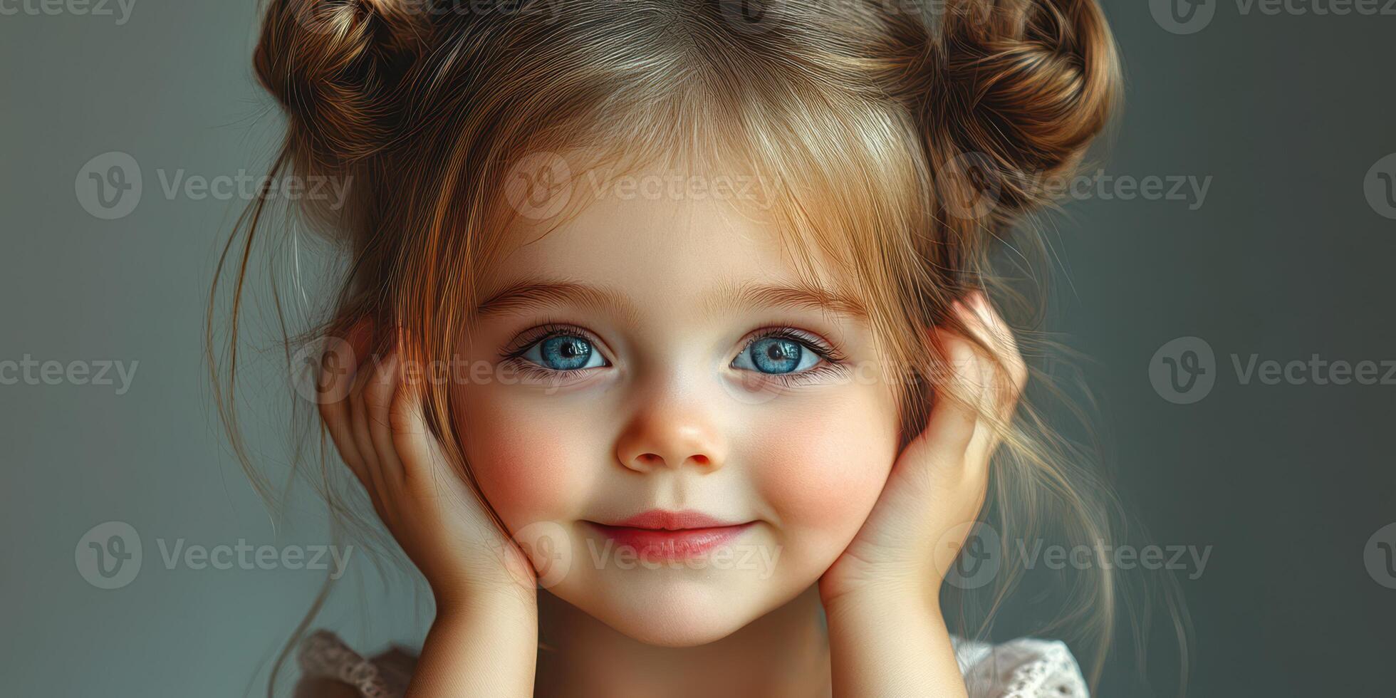 Sweet young girl with bright blue eyes and playful hairstyle smiling warmly in a soft, natural light setting photo