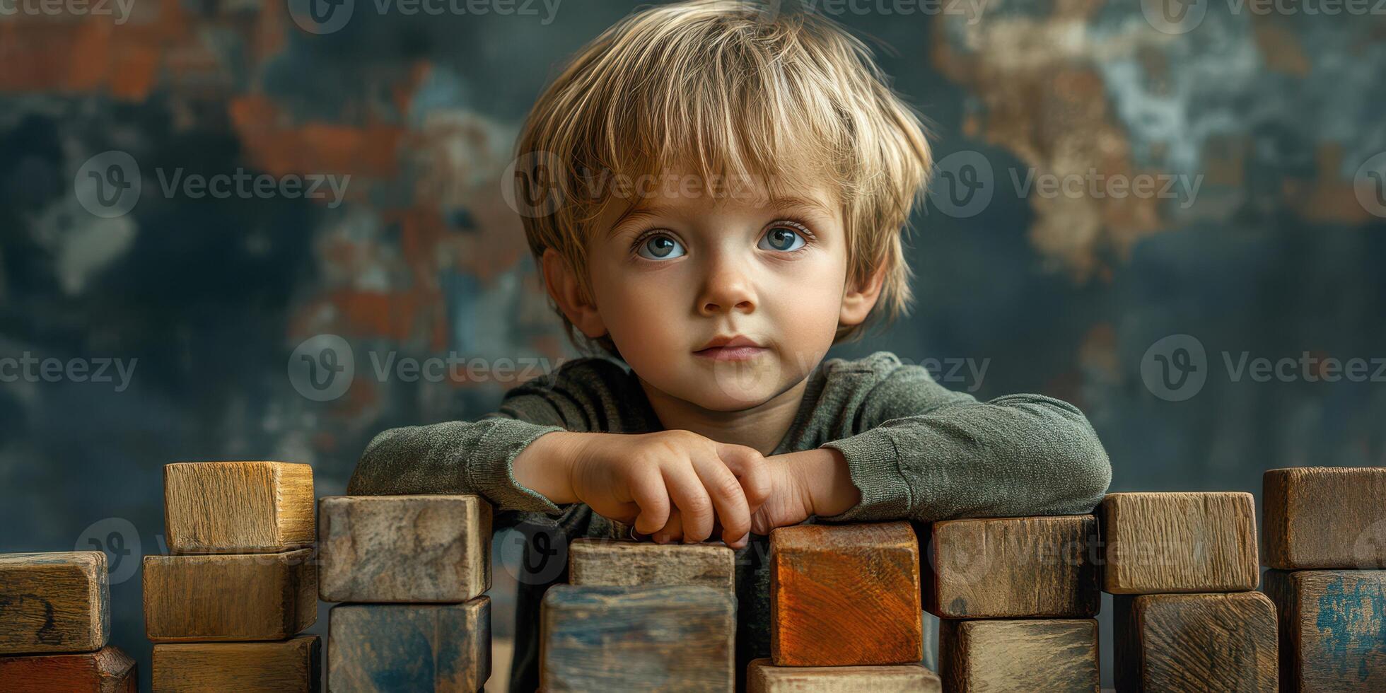 Young child engaged in play with colorful wooden building blocks in a creative indoor space photo