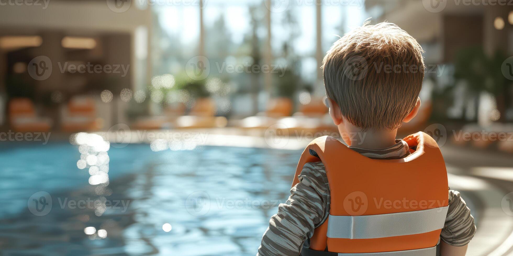 Child wearing a life jacket watches pool area in a brightly lit indoor water facility during daytime photo