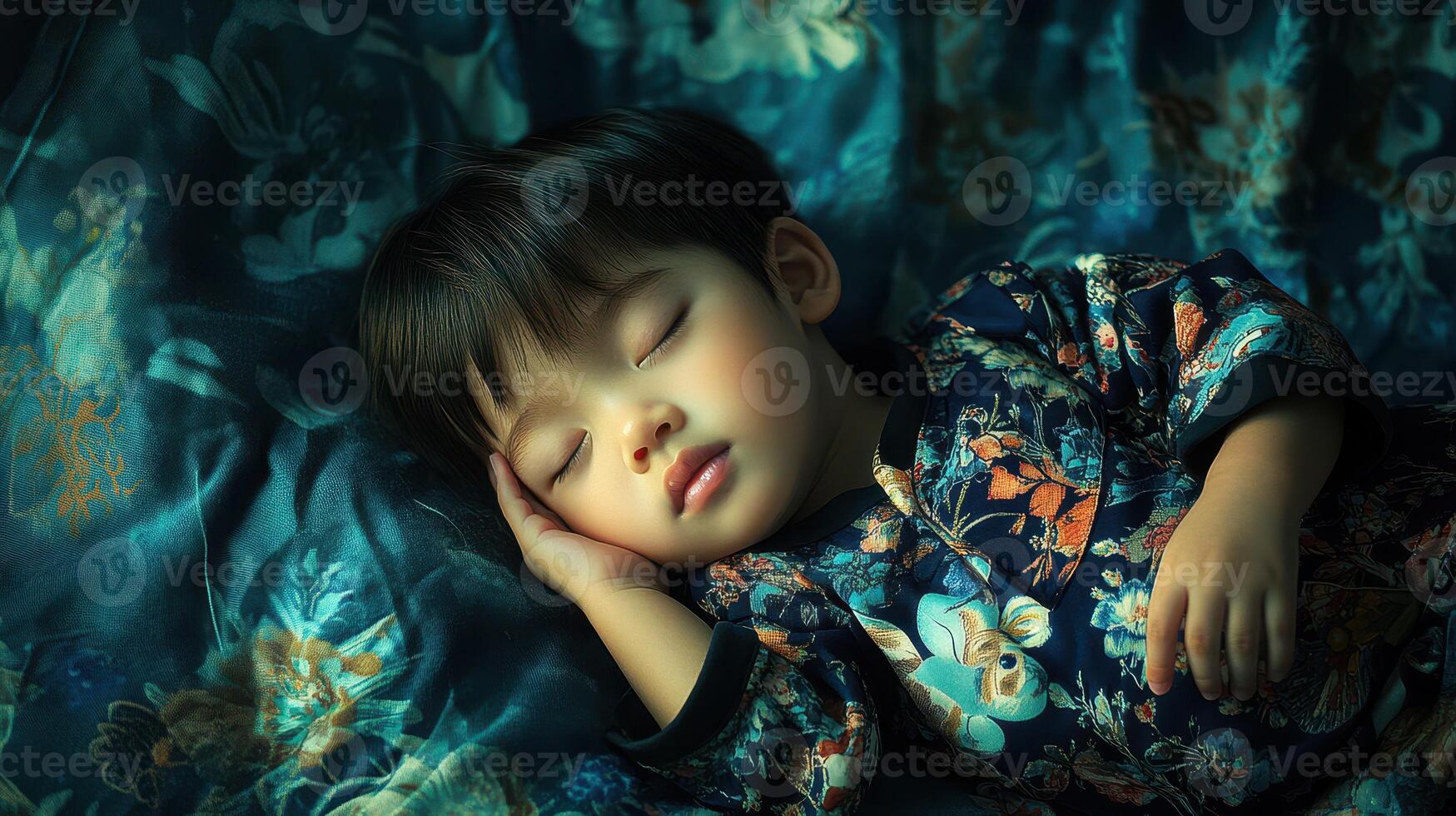 Sleeping child in a floral patterned garment on a vibrant blue fabric backdrop photo