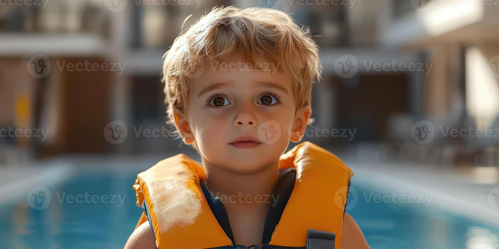 Young child with a life vest stands by the pool during sunny afternoon photo