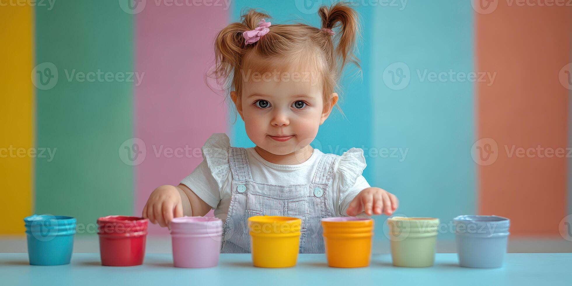 Little girl engages with colorful play dough containers during a playful afternoon indoors photo
