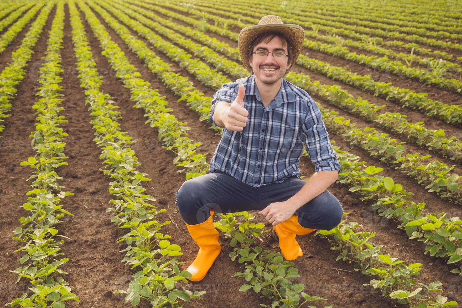 Happy farmer is satisfied with progress of plants. photo