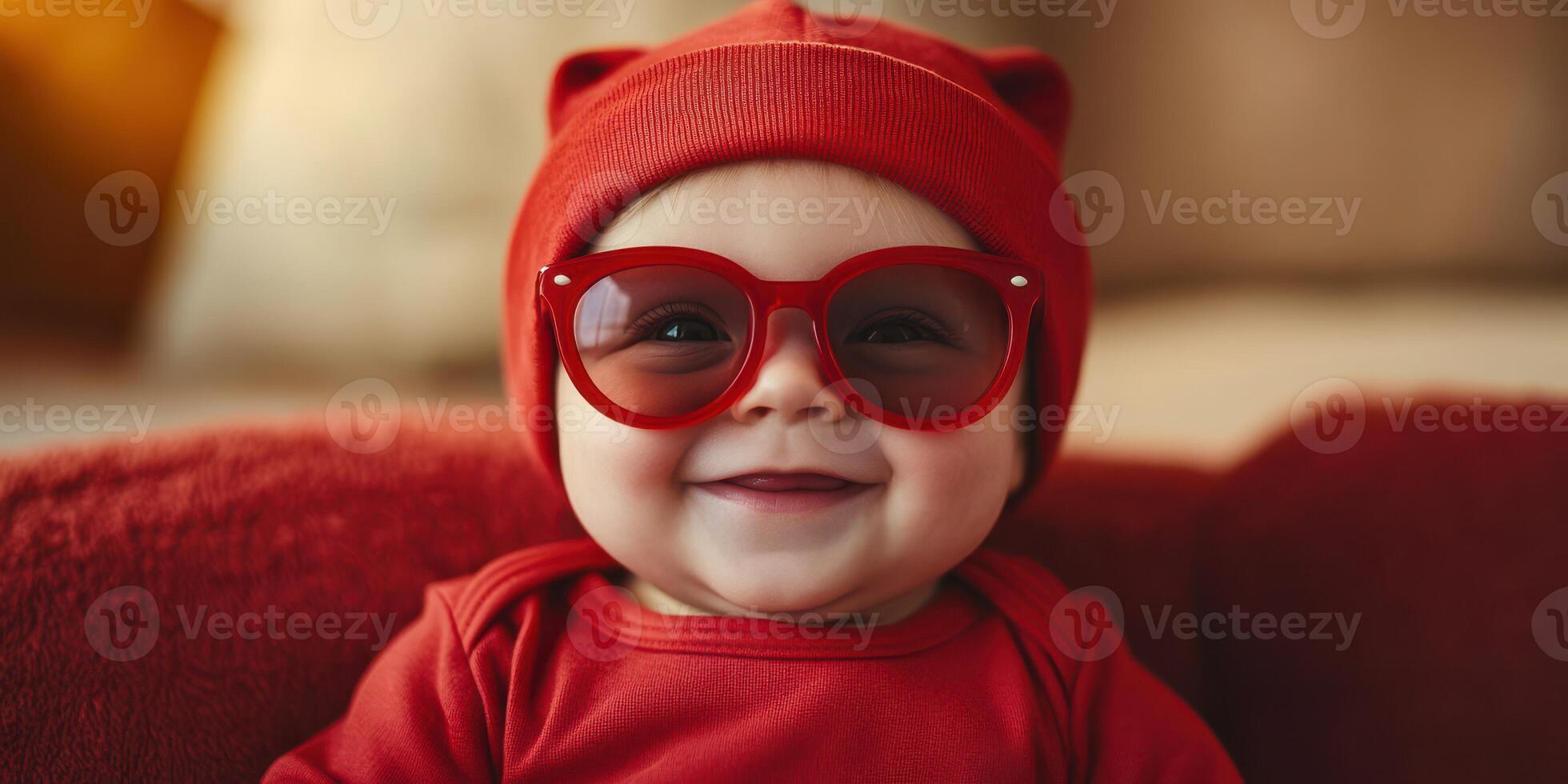 Baby wearing red outfit and sunglasses smiles warmly in cozy indoor setting during daytime photo