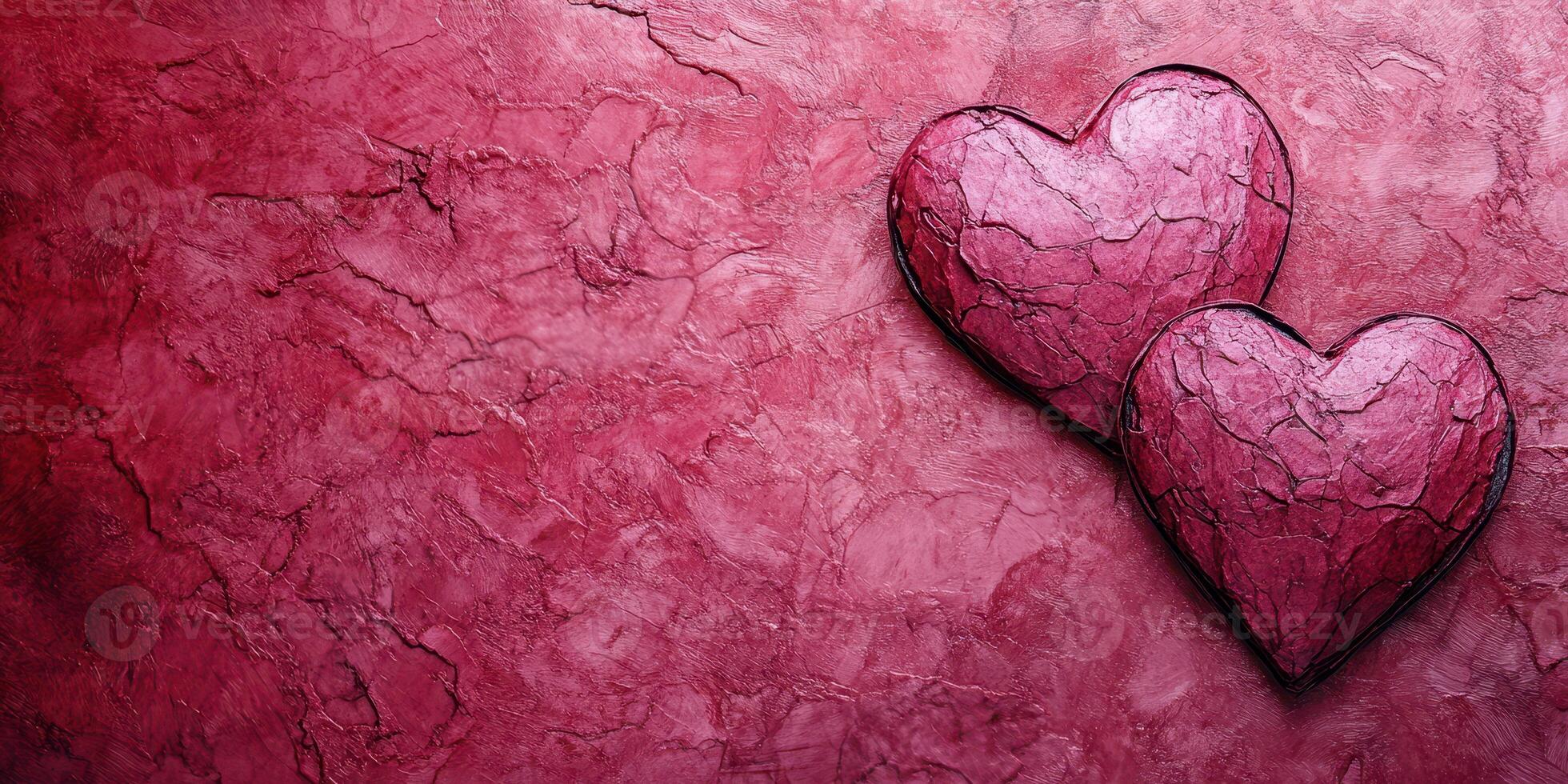 Two textured hearts on a deep red background create a romantic atmosphere for celebrations photo