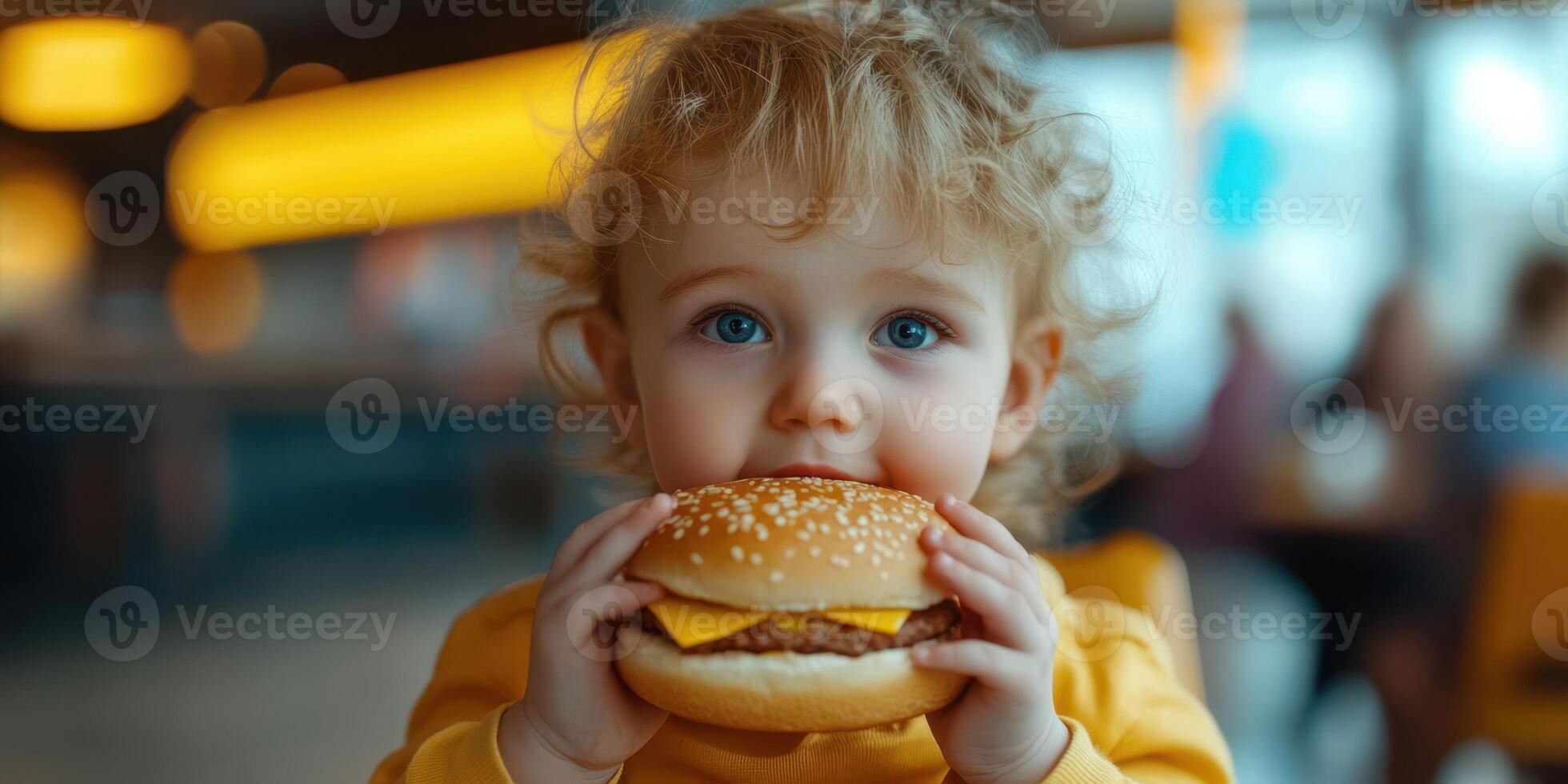 Child joyfully holds a large hamburger while seated in a vibrant restaurant during lunchtime photo