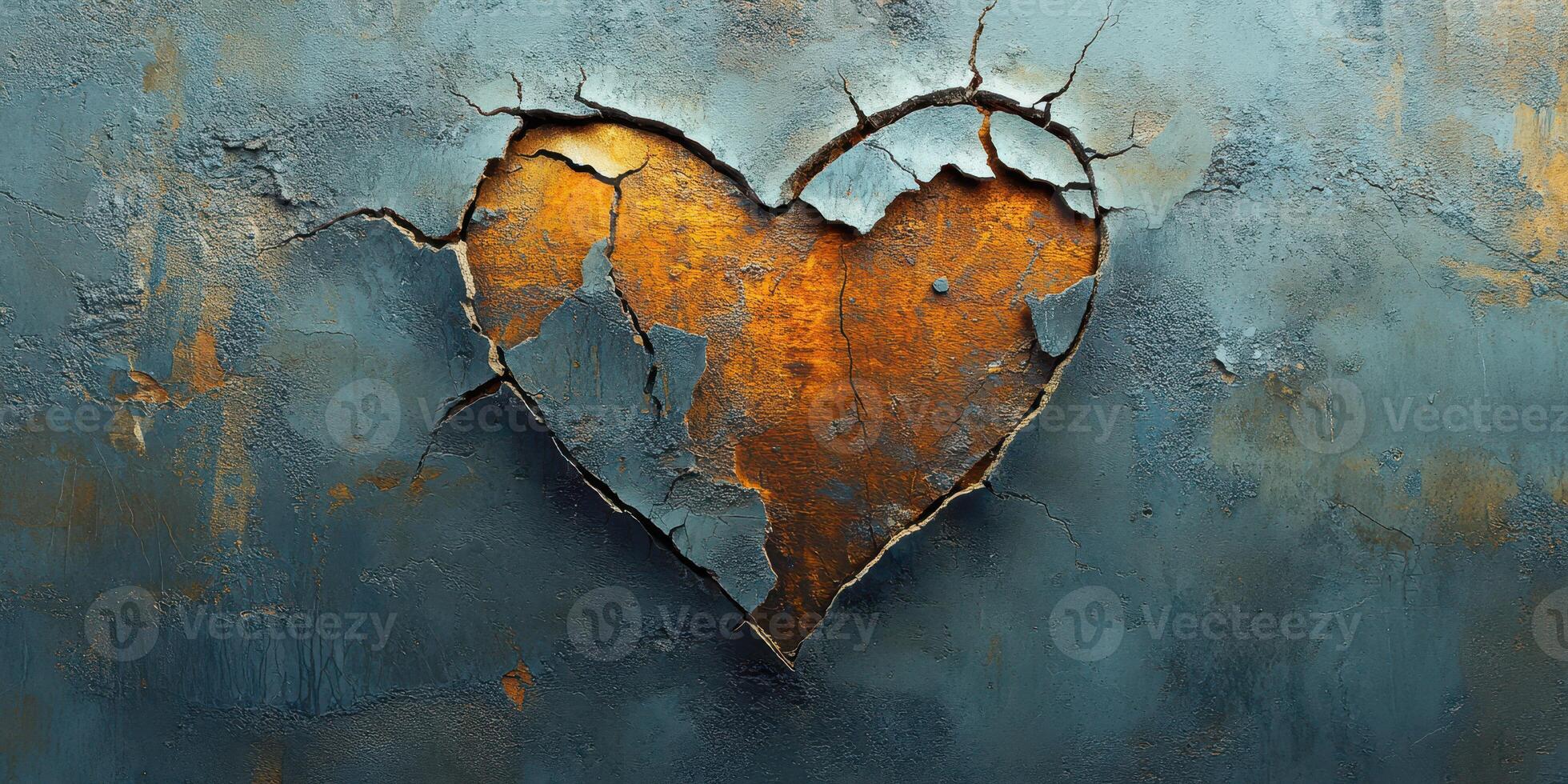 Cracked heart shape revealing rusty texture on a weathered wall surface representing emotions and resilience photo