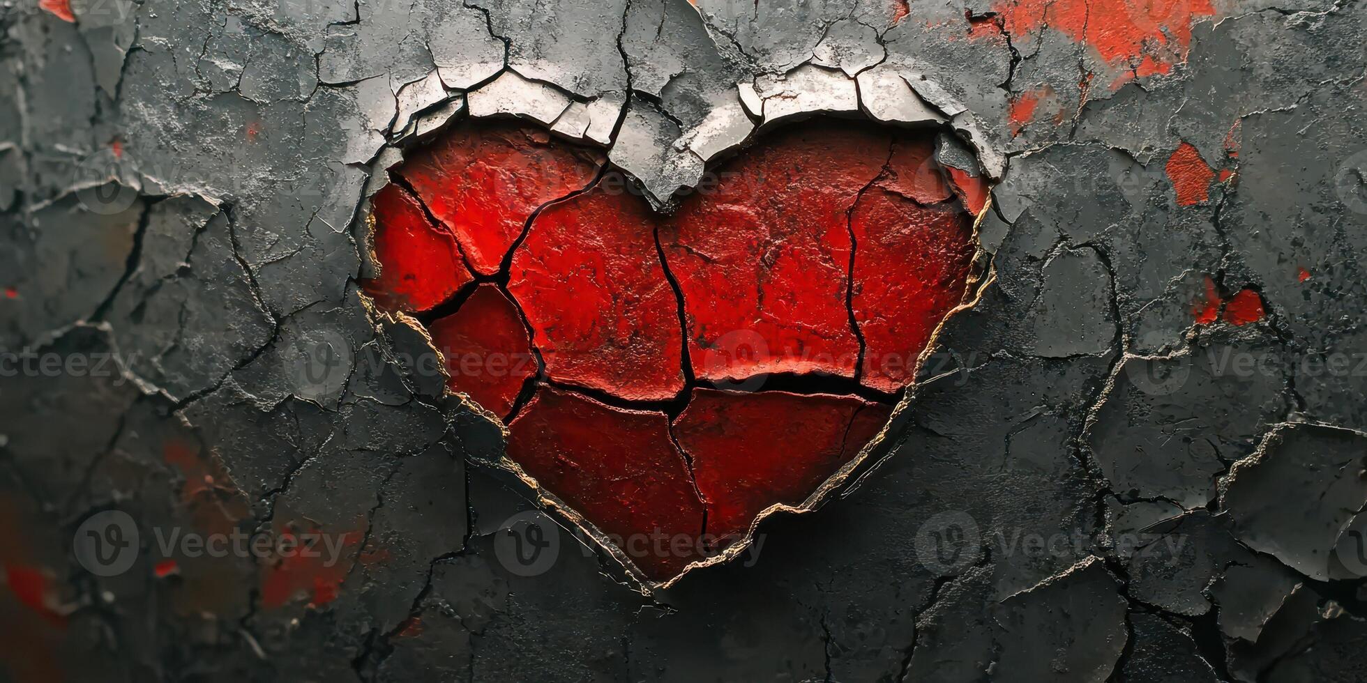 Cracked heart shape in vibrant red against a distressed black background creates an emotional visual impact photo