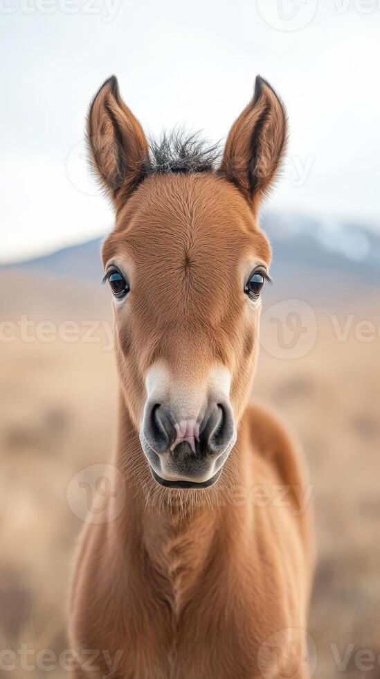 Young foal stands in a grassy field with mountains in the background during a calm afternoon photo