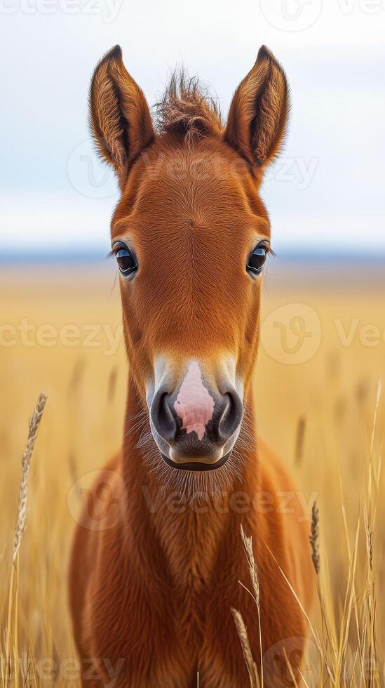 Young foal gazes curiously in a golden field under a cloudy sky during a serene afternoon photo