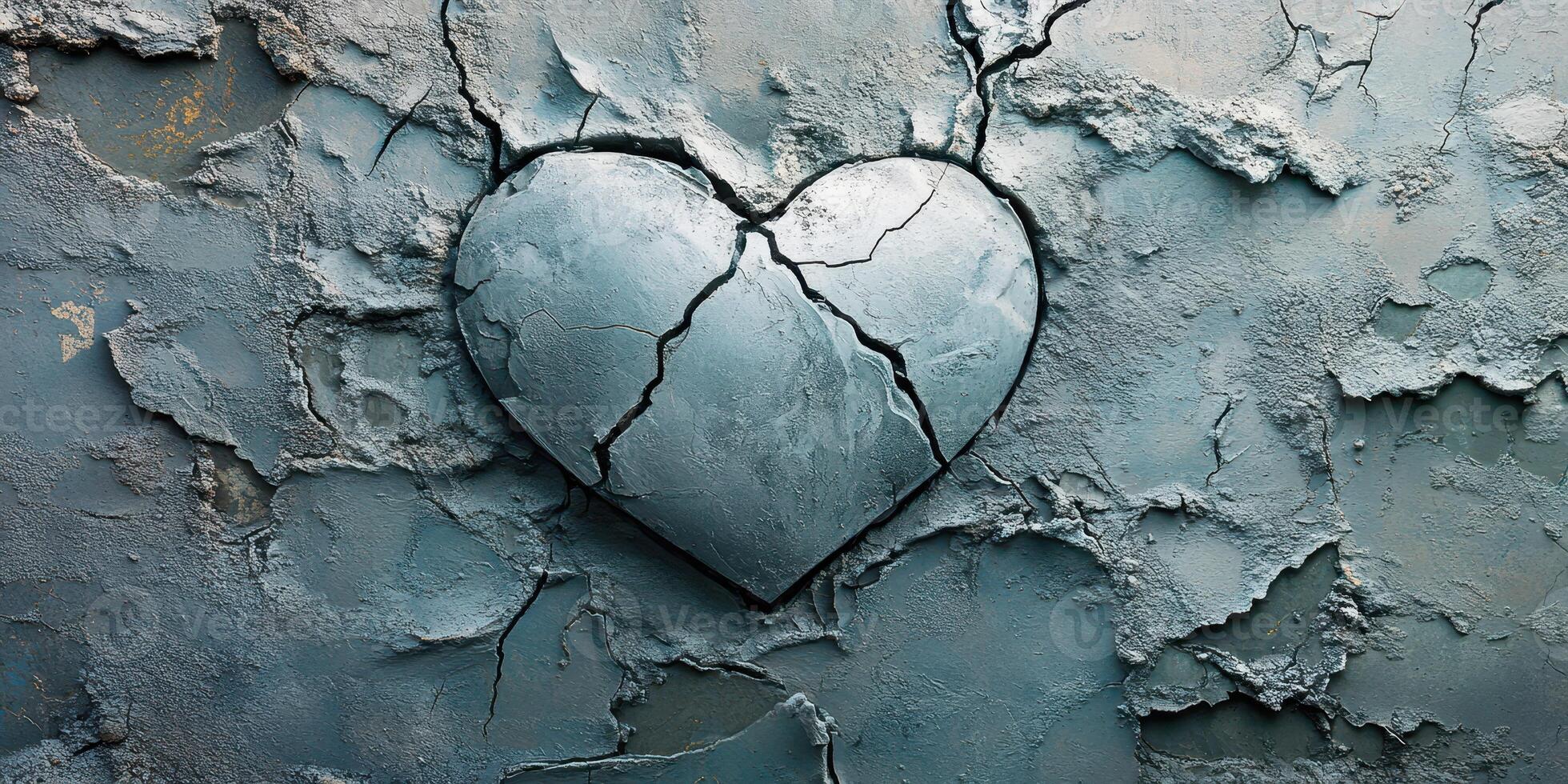 Cracked heart shape embedded in weathered concrete wall showcasing love and resilience in urban art photo