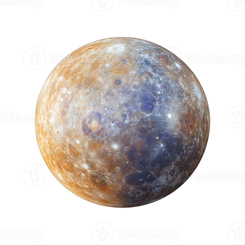 The planet mercury, with its surface covered in blue and orange png