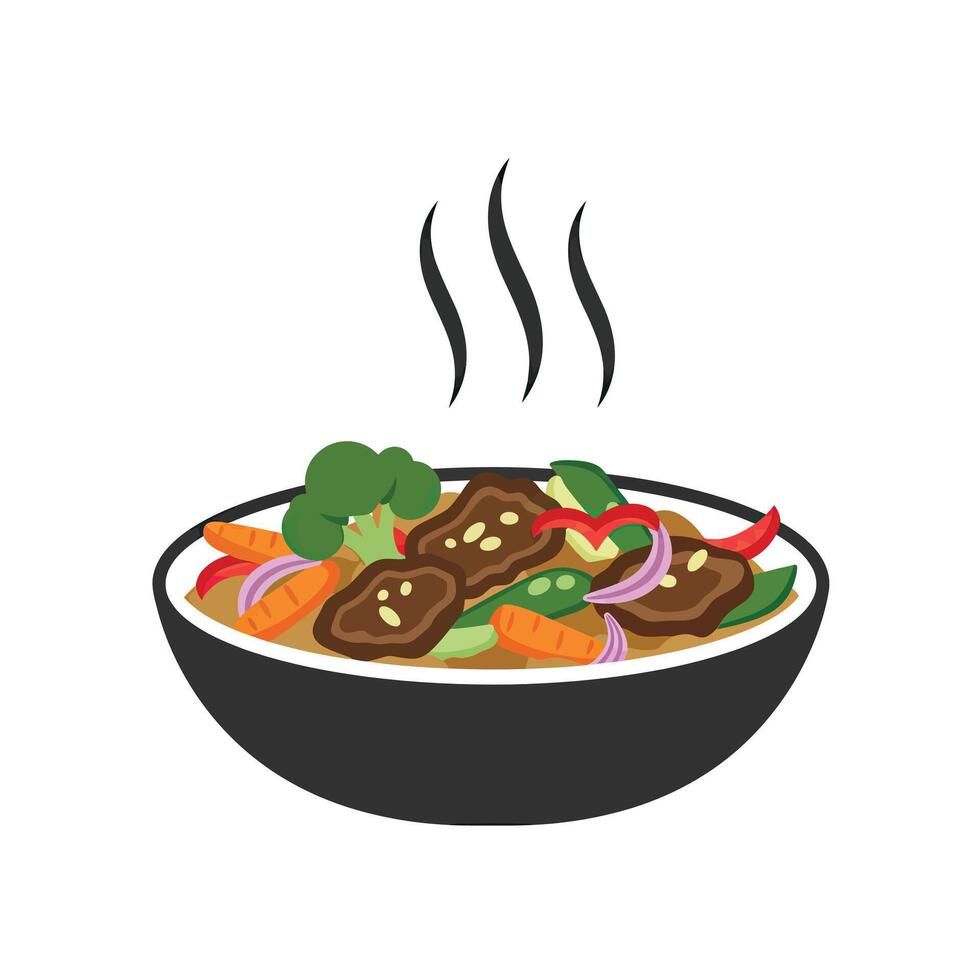 A bowl of food with meat and vegetables in it vector
