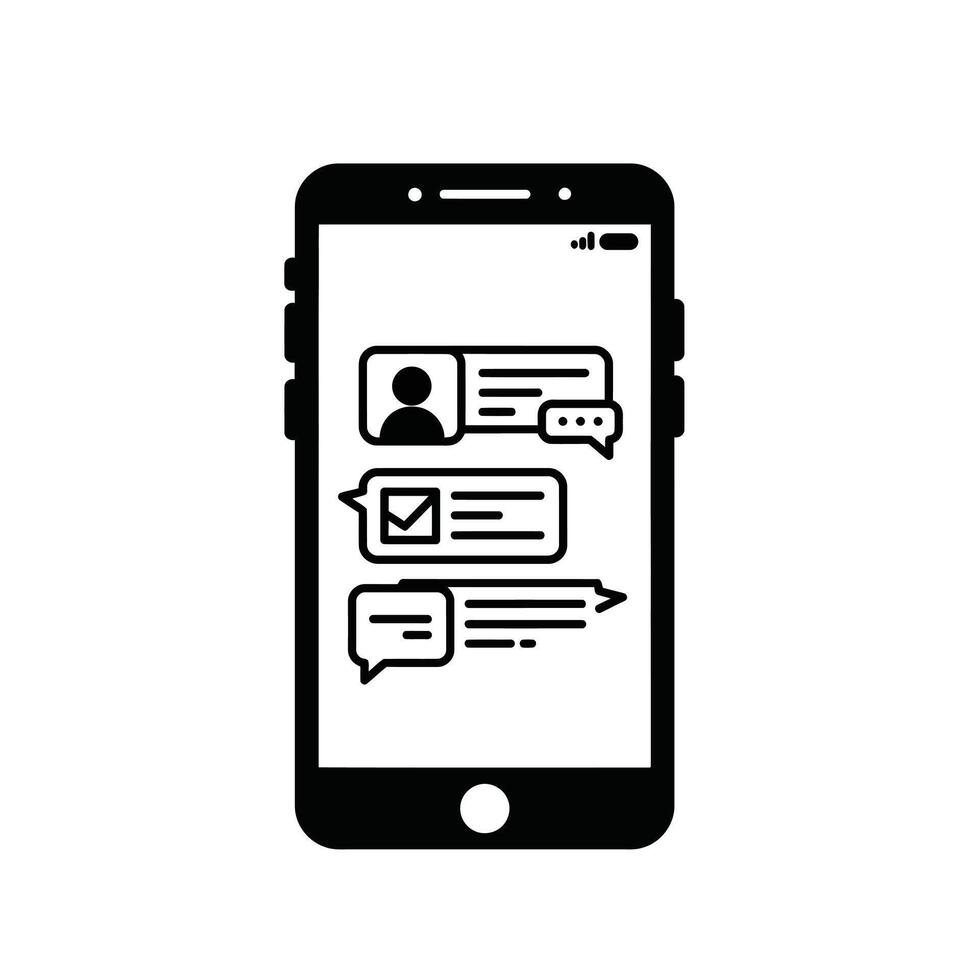 A black and white illustration of a smartphone with a chat window vector