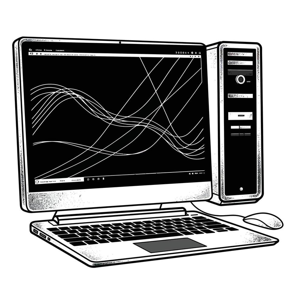 A black and white drawing of a computer screen vector