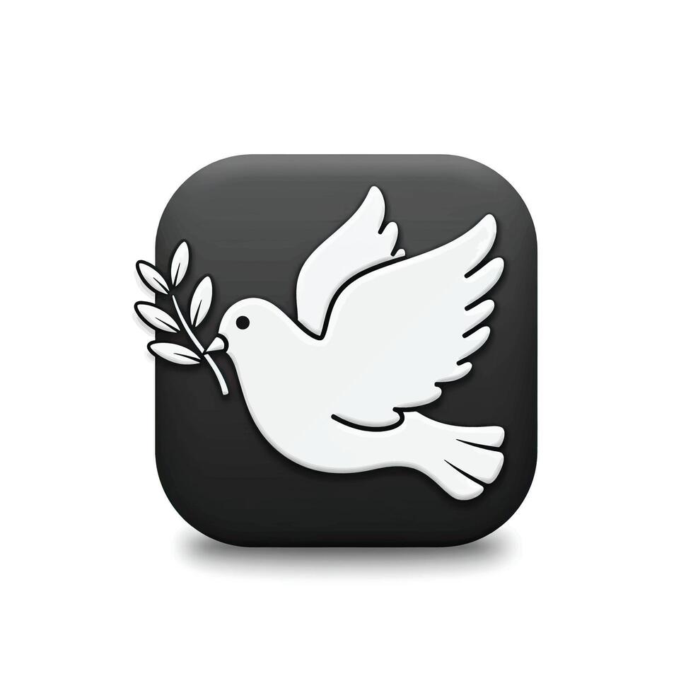 A white dove with an olive branch icon on a black square vector